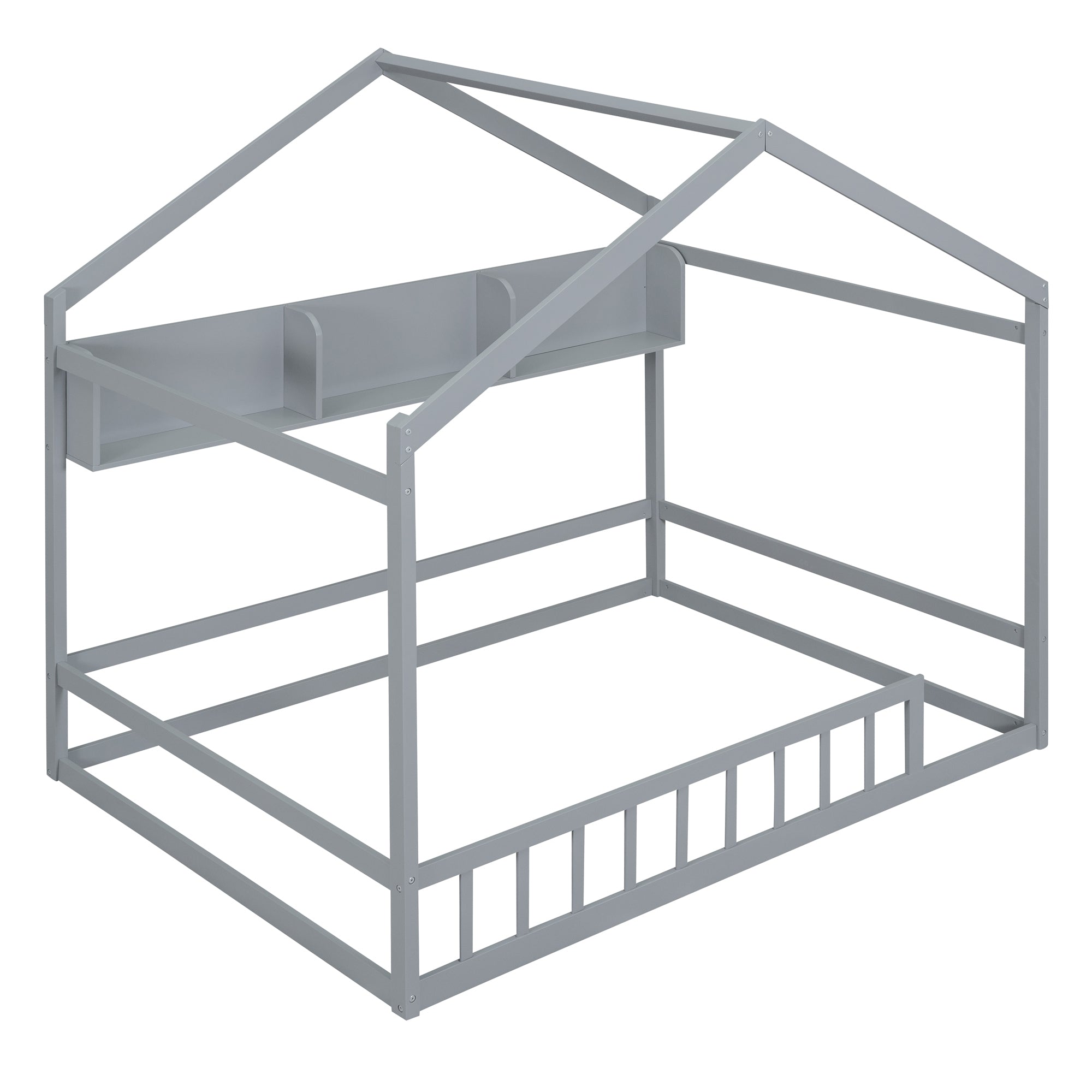 Wooden Full Size House Bed with Storage Shelf,Kids Bed with Fence and Roof, Gray - Atlantic Fine Furniture Melbourne FL
