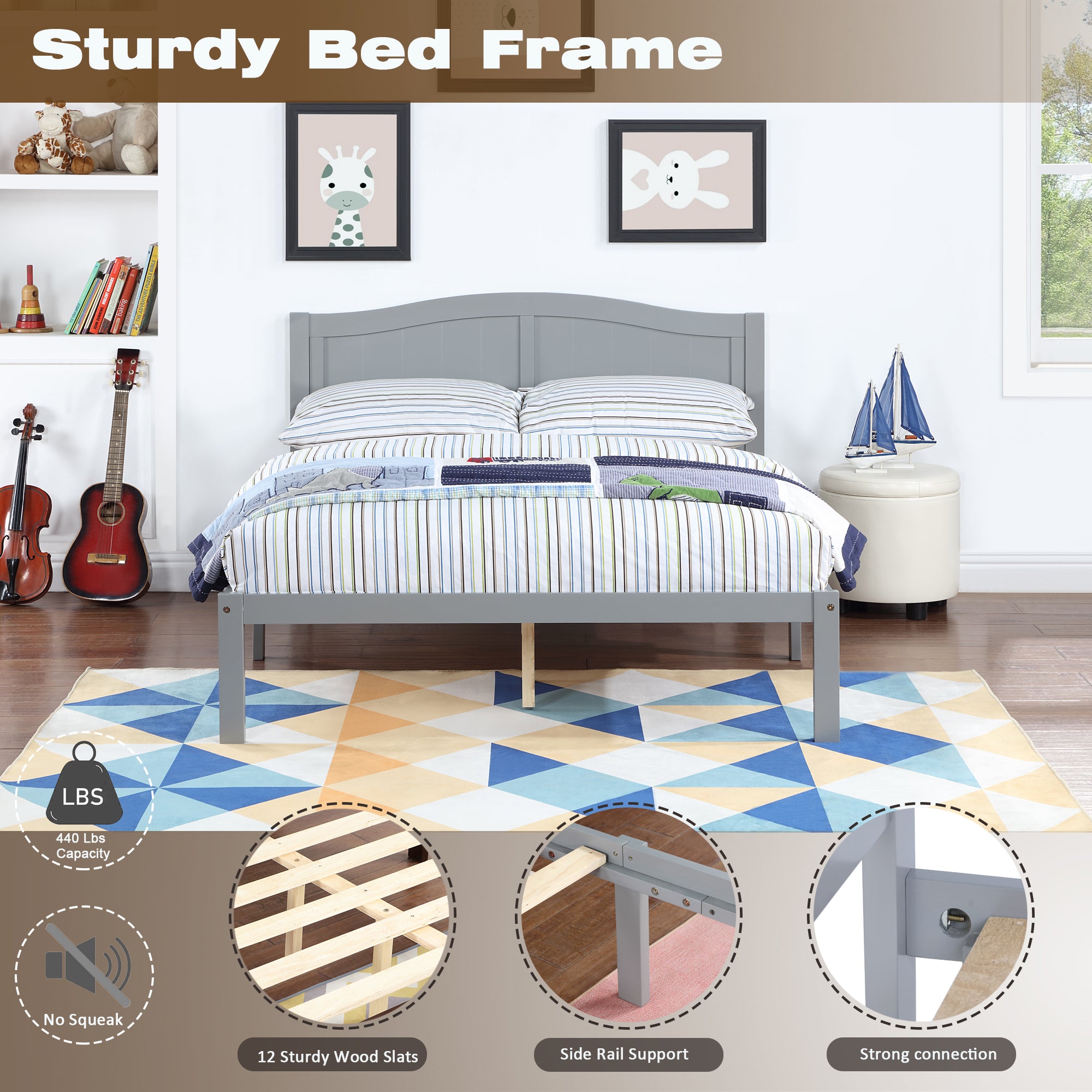 Full Size Bed, Wood Platform Bed Frame with Headboard For Kids, Slatted, Gray