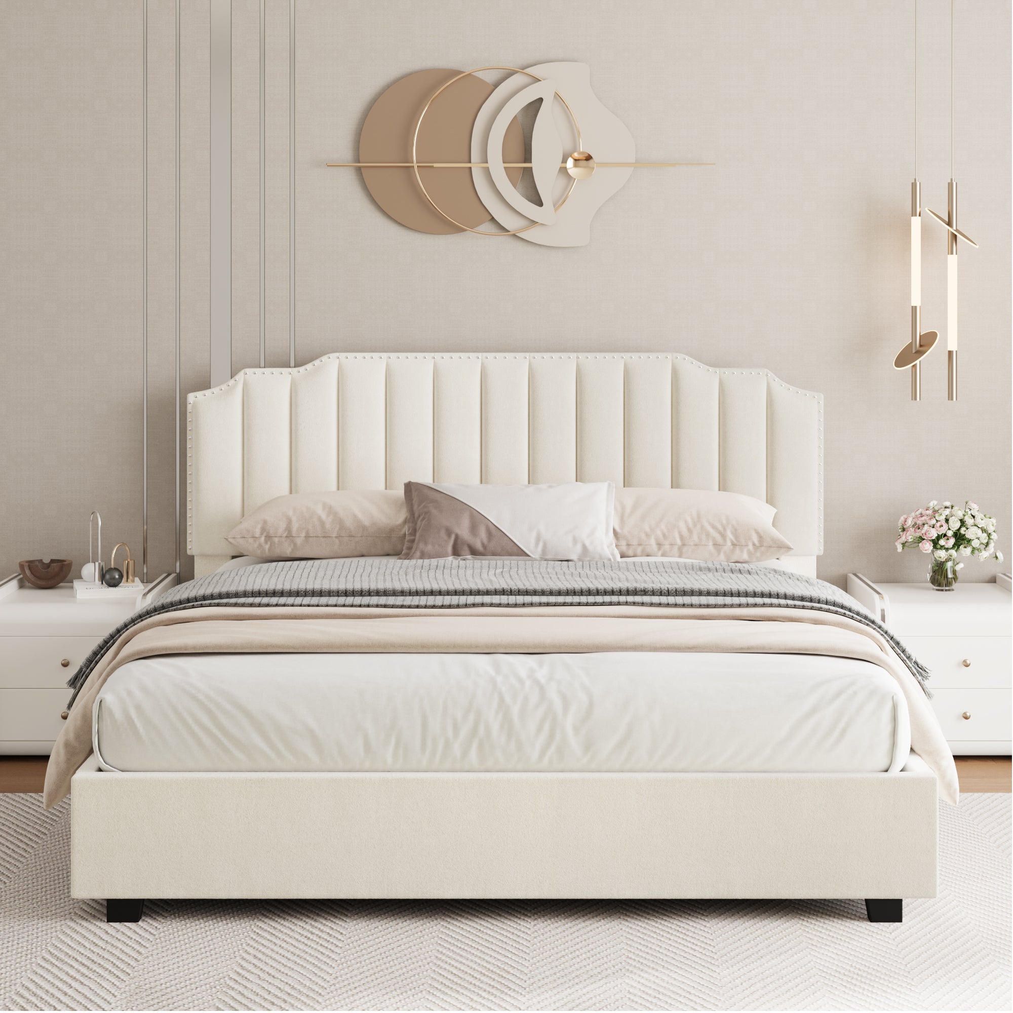 LIFT UP BEIGE VELVET FULL SIZE BED
