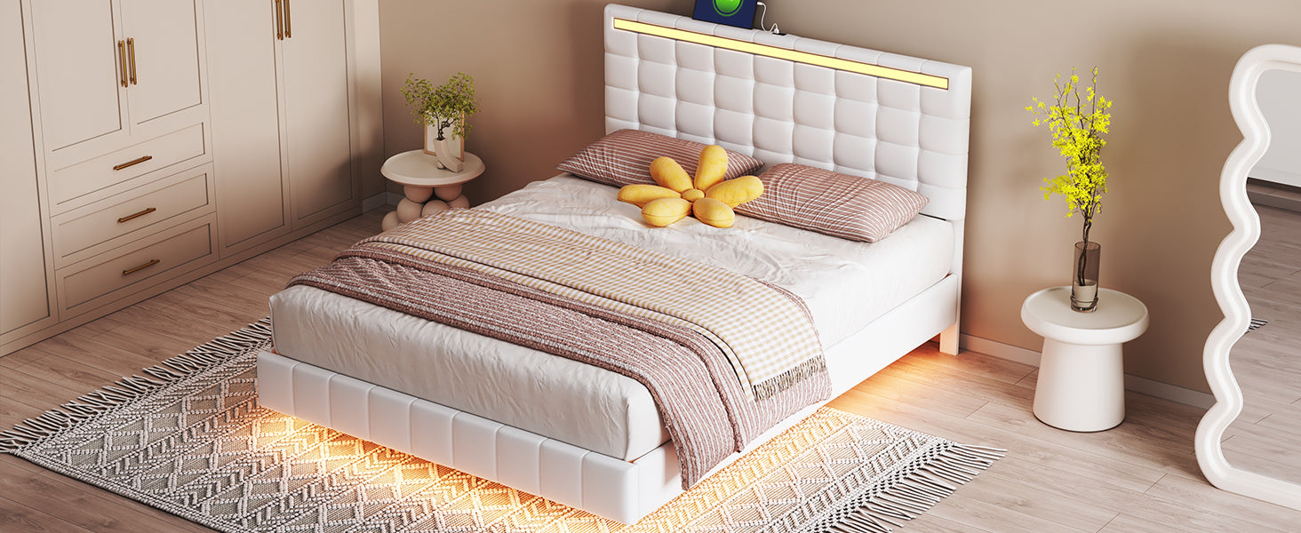Queen Size Floating Bed Frame with LED Lights and USB Charging,Modern Upholstered Platform LED Bed Frame,White - Atlantic Fine Furniture Melbourne FL