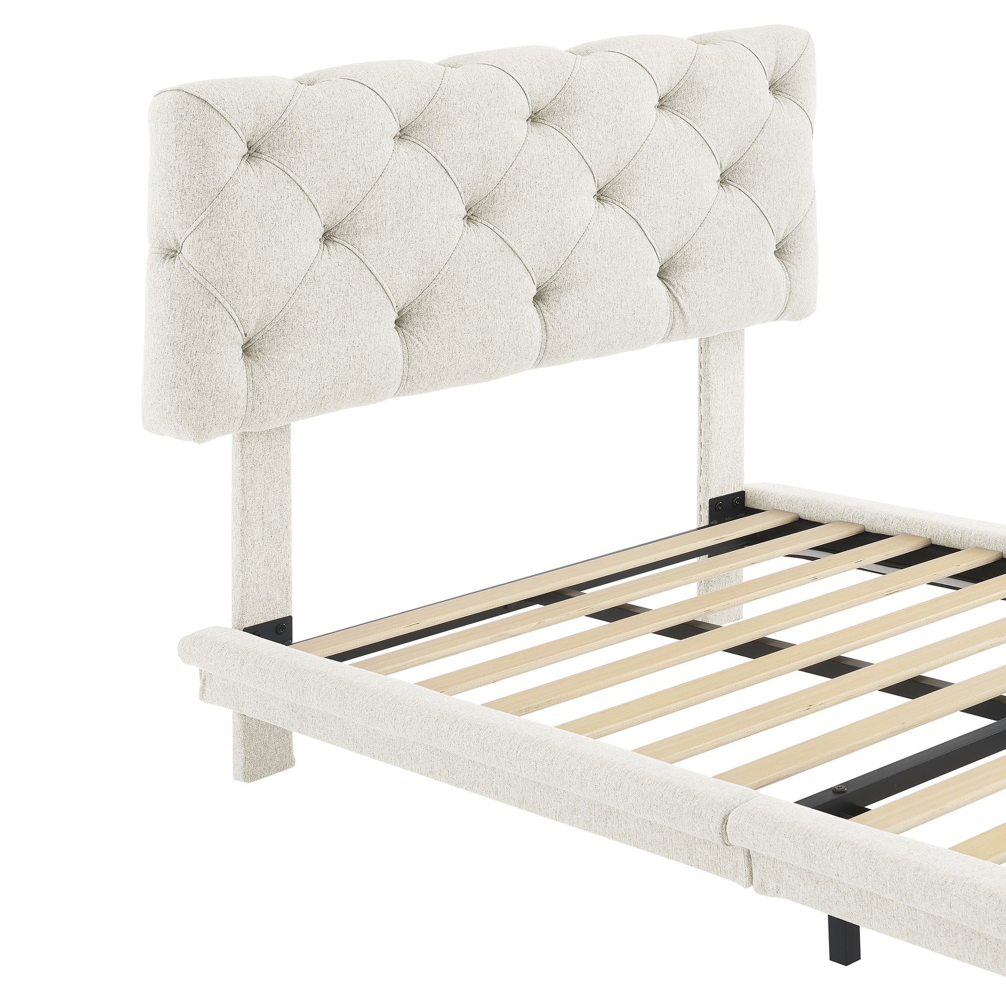 Twin Size Upholstered Bed with Light Stripe, Floating Platform Bed, Linen Fabric,Beige - Atlantic Fine Furniture Melbourne FL