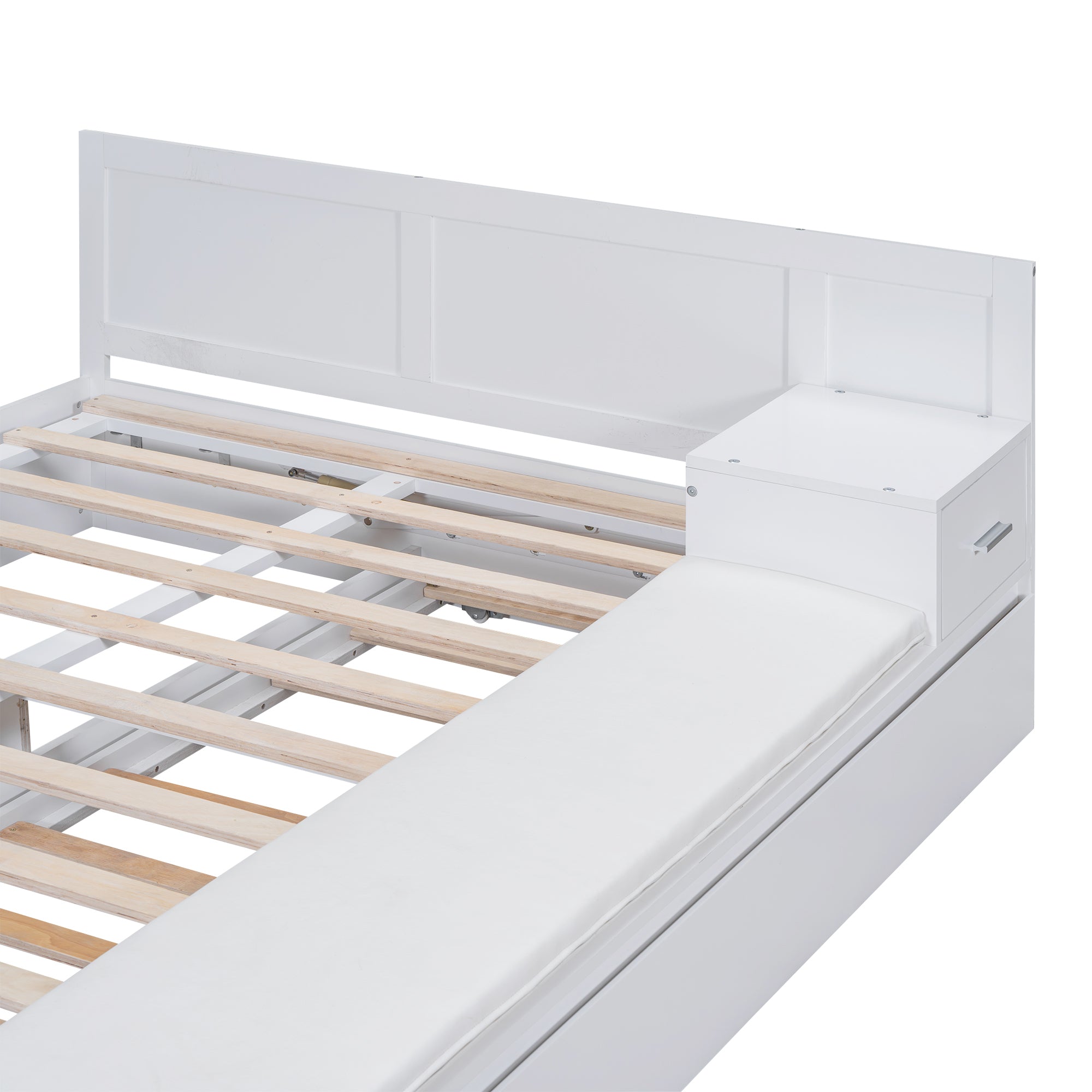 Full Size Wood Storage Hydraulic Platform Bed with Twin Size Trundle, Side Table and Lounge, White - Atlantic Fine Furniture Melbourne FL