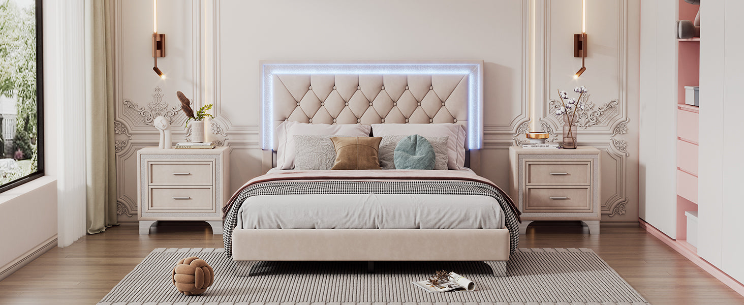 Full Size Upholstered Bed Frame with LED Lights,Modern Velvet Platform Bed with Tufted Headboard,Beige - Atlantic Fine Furniture Melbourne FL