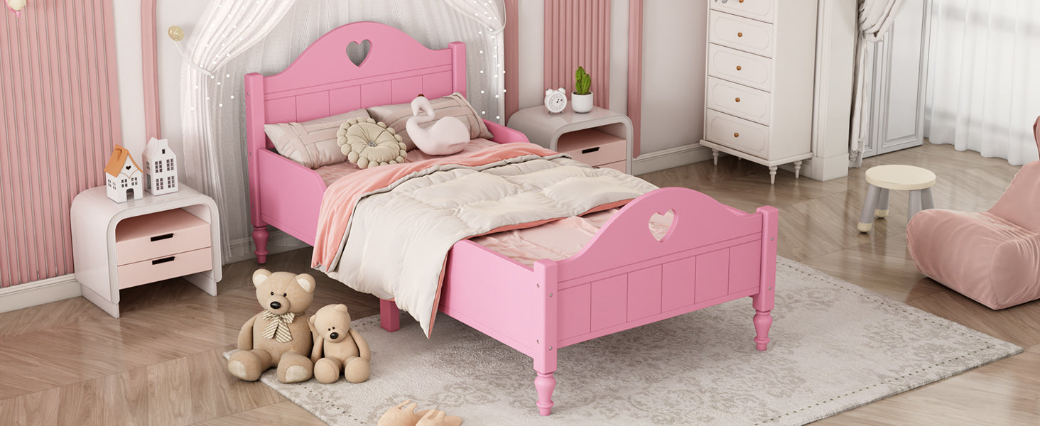 Girl's Love Princess Bed Macaron Twin Size Toddler Bed with Side Safety Rails and Headboard and Footboard , Light Pink