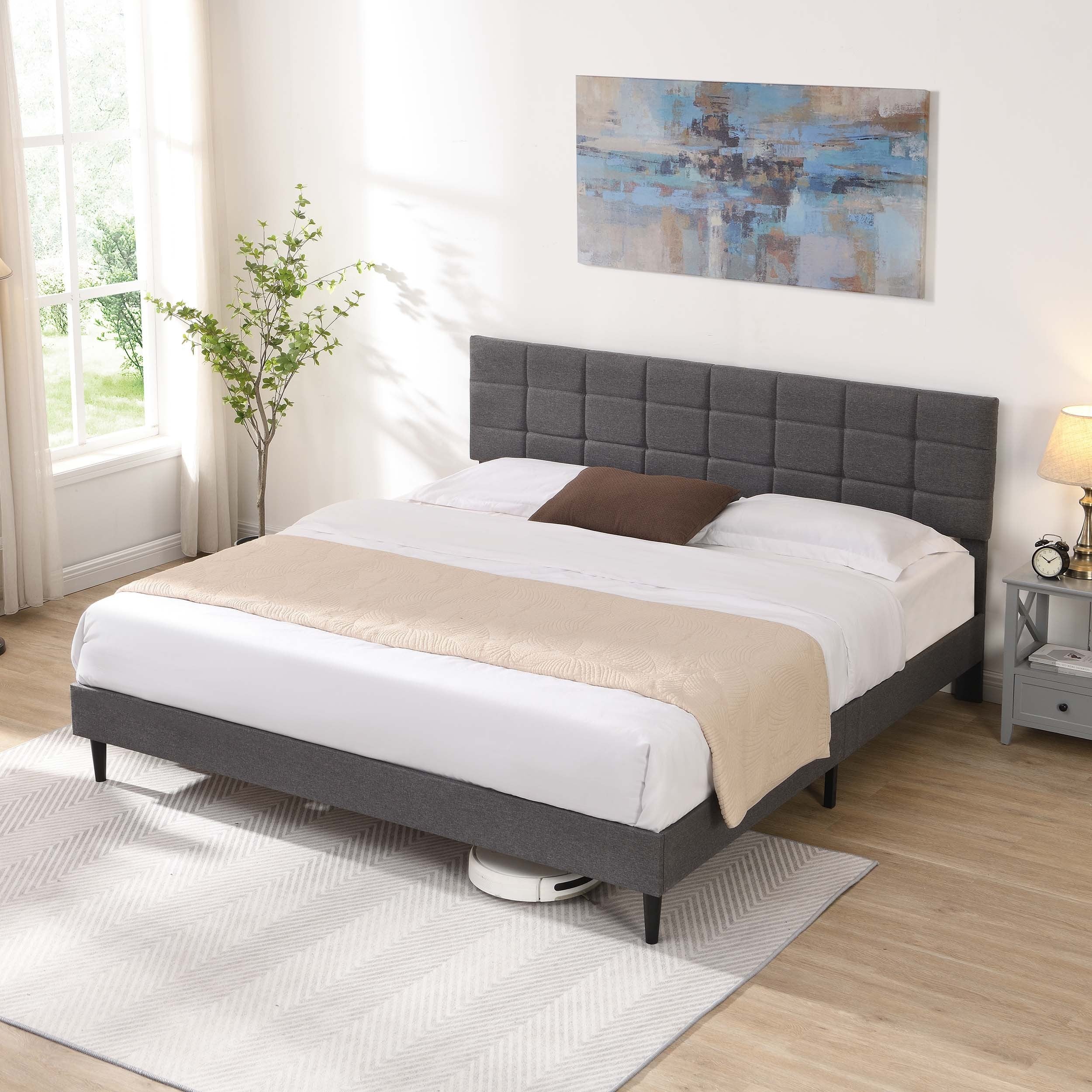 King Size Platform Bed Frame with Fabric Upholstered Headboard and Wooden Slats, No Box Spring Needed/Easy Assembly, Dark Grey - Atlantic Fine Furniture Melbourne FL