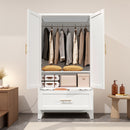 Wardrobe Cabinet With 1 Drawer And Hanging Rod, 2 Doors Closet With Shelf For Bedroom - White
