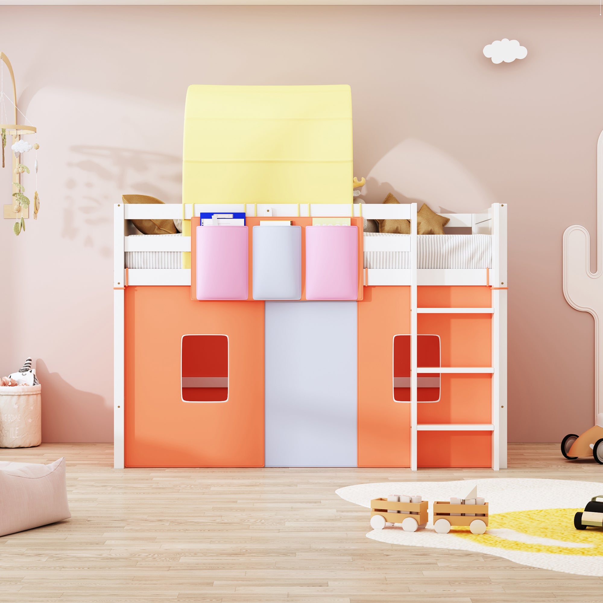 Twin Size Loft Bed with Tent and Tower and Three Pockets- Orange - Atlantic Fine Furniture Melbourne FL