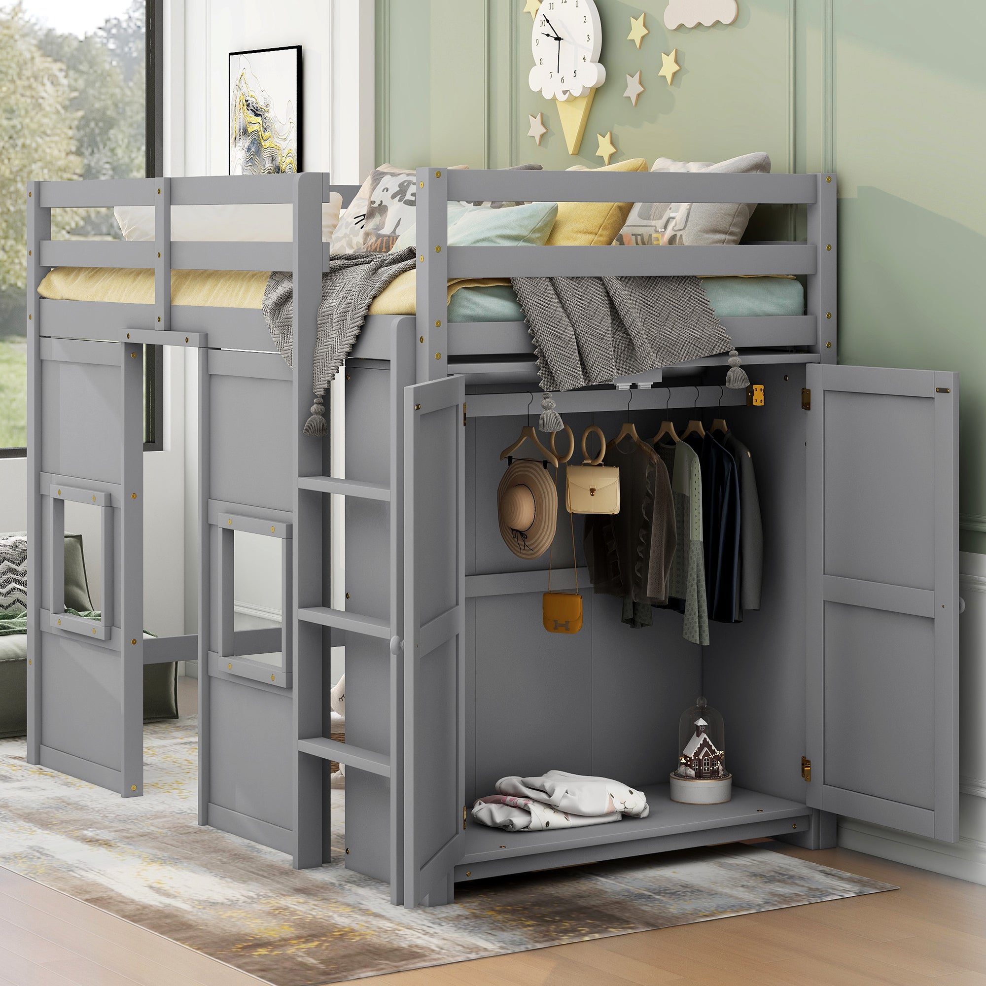 Wood Twin Size Loft Bed with Built-in Storage Wardrobe and 2 Windows, Gray - Atlantic Fine Furniture Melbourne FL
