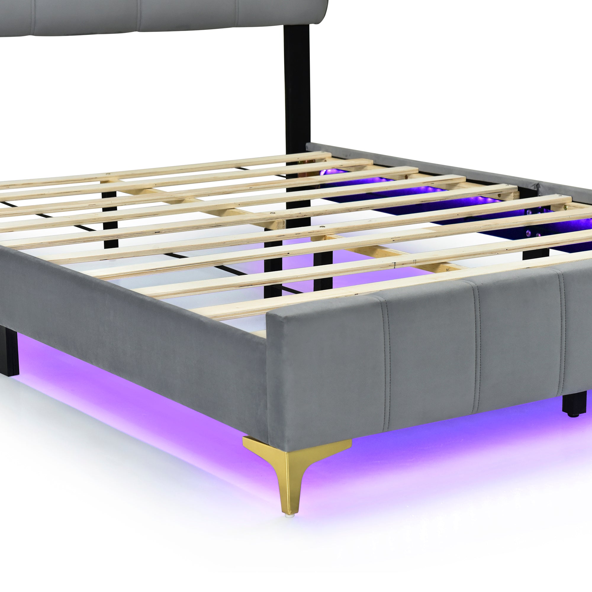 Full Size Velvet Platform Bed with LED Frame and Stylish Mental Bed Legs, Gray - Atlantic Fine Furniture Melbourne FL