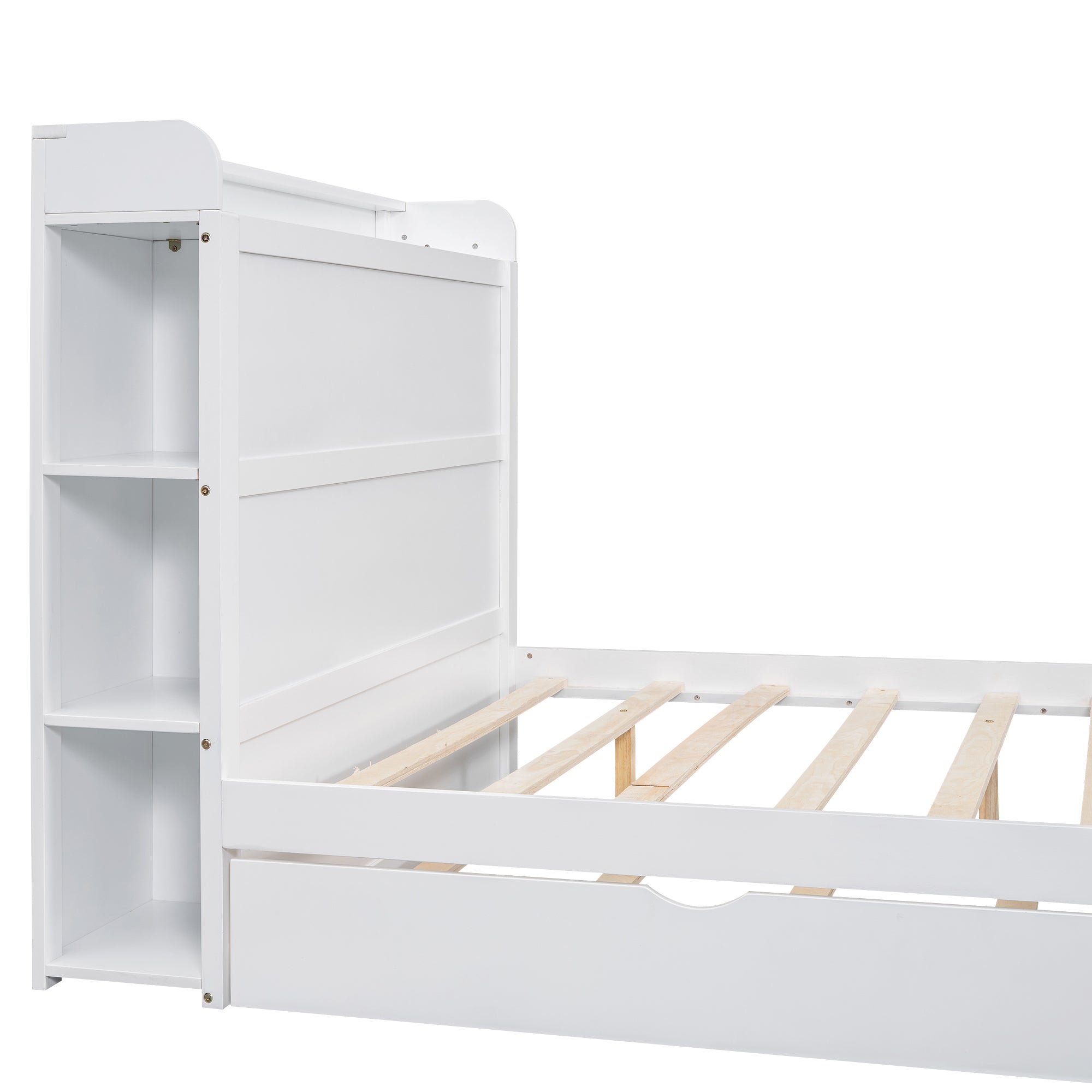 Full Size Platform Bed with Storage Headboard and Twin Size Trundle, White - Atlantic Fine Furniture Melbourne FL