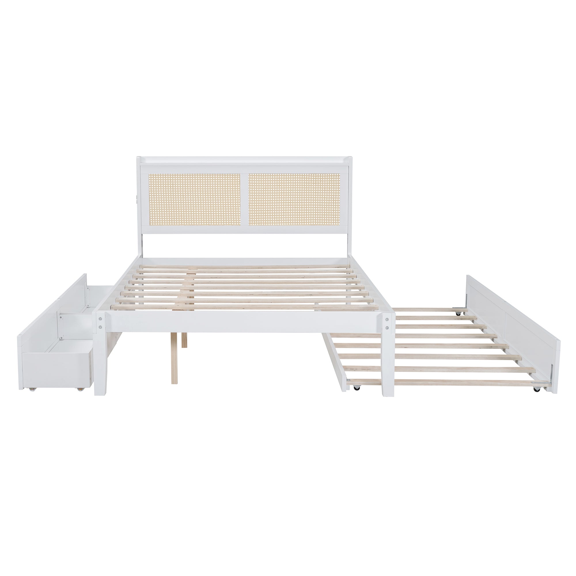Full Size Elegant Bed Frame with Rattan Headboard and Sockets ,White - Atlantic Fine Furniture Melbourne FL