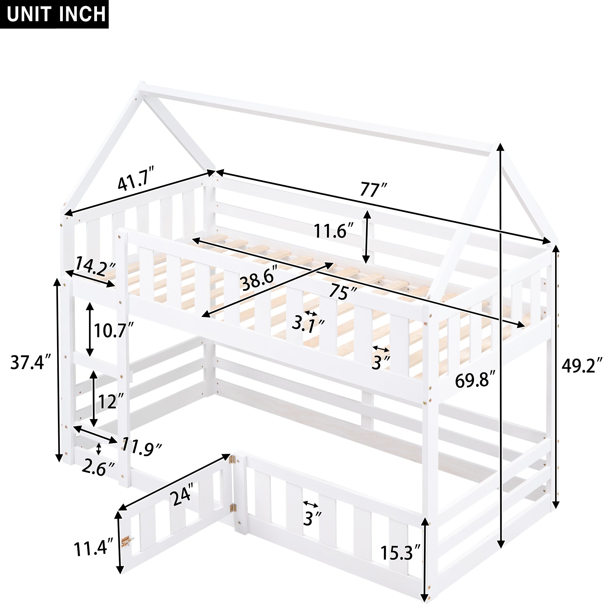 Twin over Twin House Bunk Bed with Fence and Door, White - Atlantic Fine Furniture Melbourne FL
