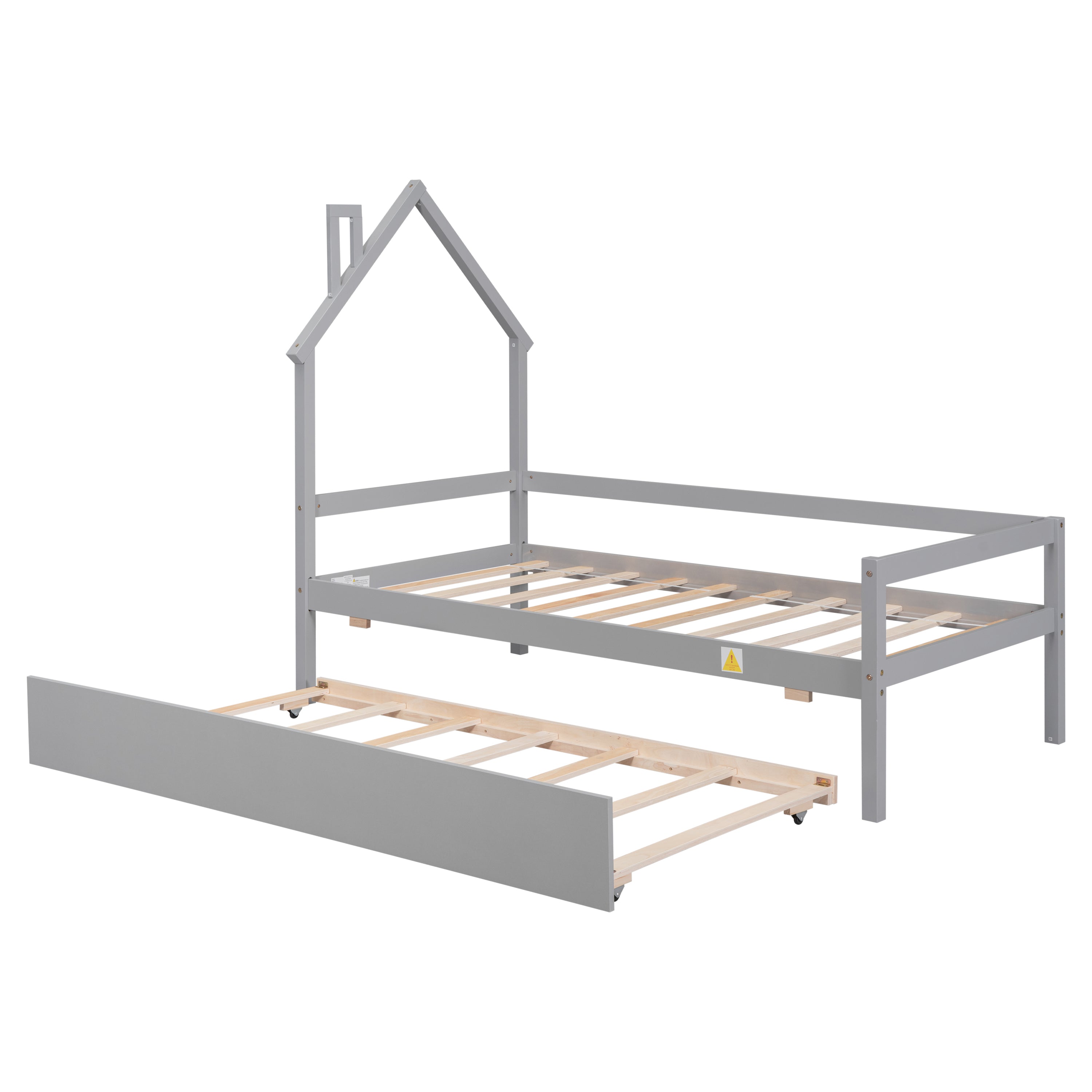 Twin House Wooden Daybed with trundle, Twin House-Shaped Headboard bed with Guardrails,Grey