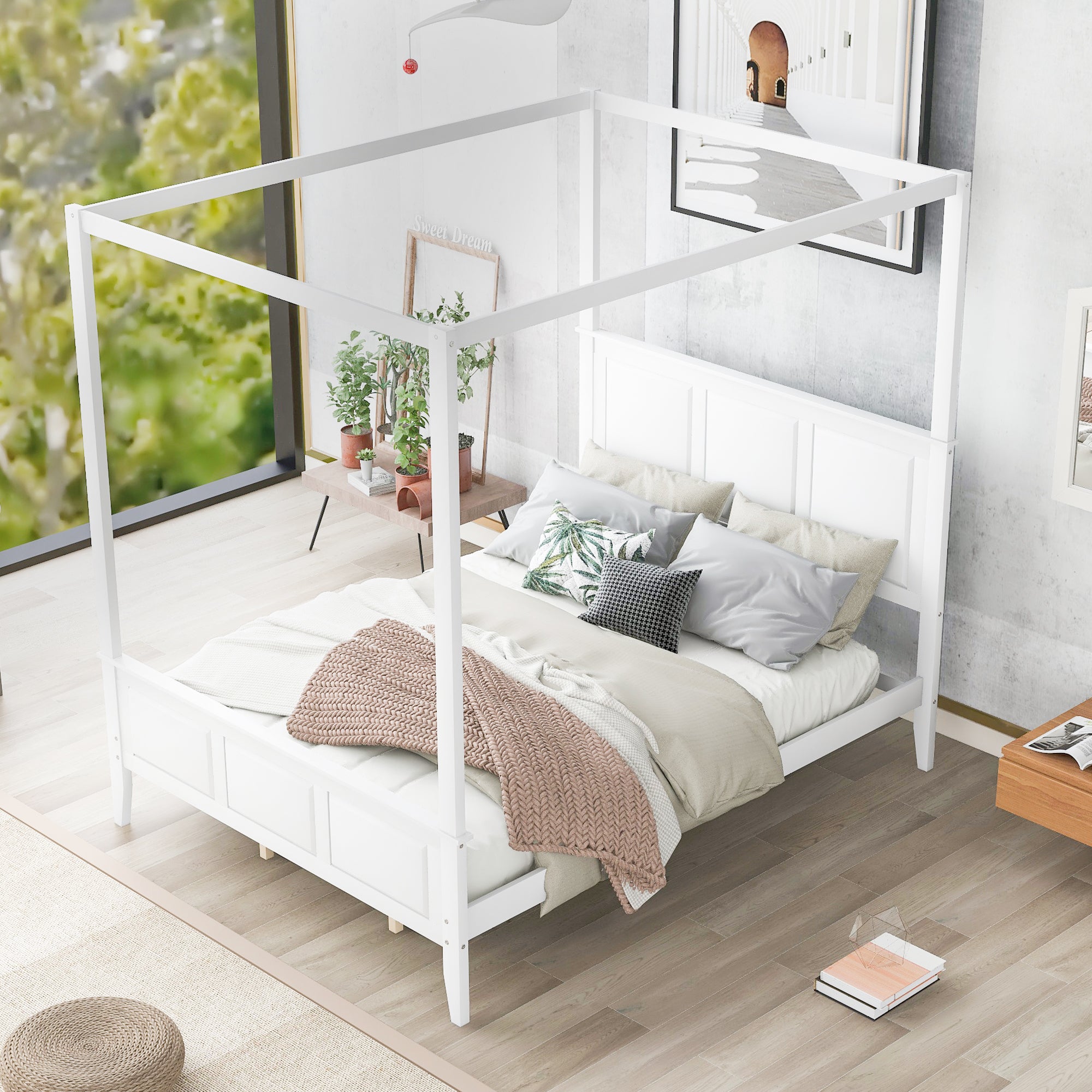 Queen Size Canopy Platform Bed with Headboard and Footboard,Slat Support Leg,White - Atlantic Fine Furniture Melbourne FL