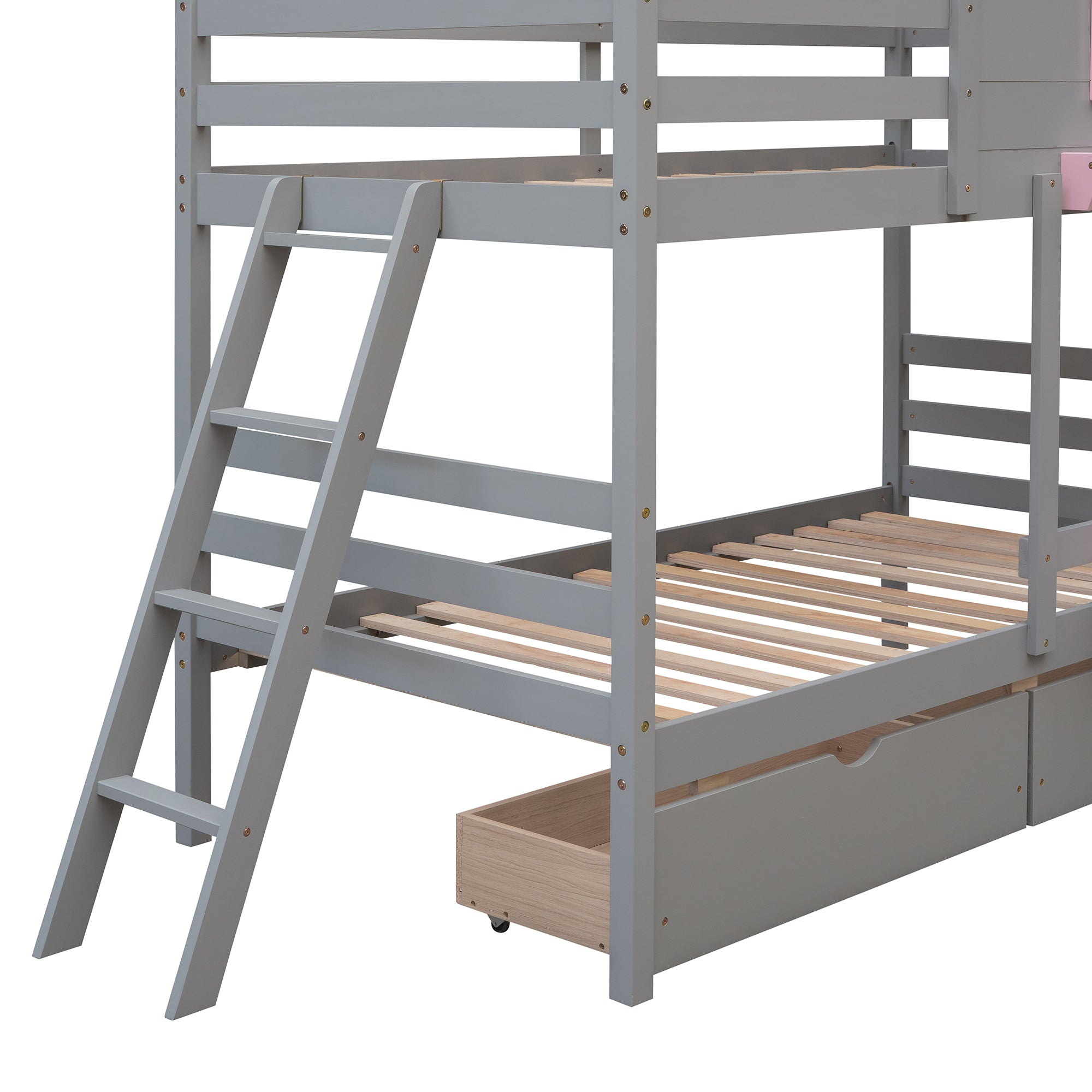 Twin over Twin Bunk Bed with 2 Drawers, 1 Storage Box, 1 Shelf, Window and Roof-Gray(OLD SKU:LT000608AAE) - Atlantic Fine Furniture Melbourne FL