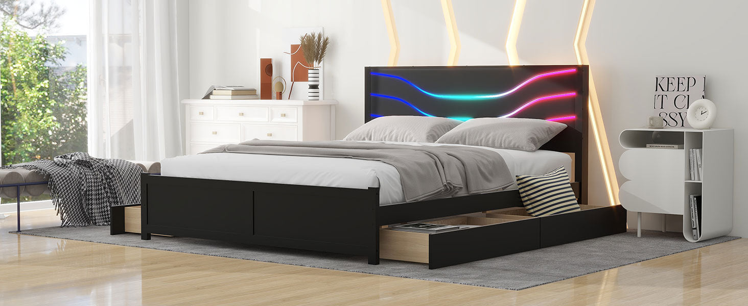 Queen Size Wood Storage Platform Bed with LED and 4 Drawers, Black - Atlantic Fine Furniture Melbourne FL