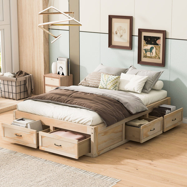 Full Size Platform Bed With 6 Storage Drawers, Antique Natural