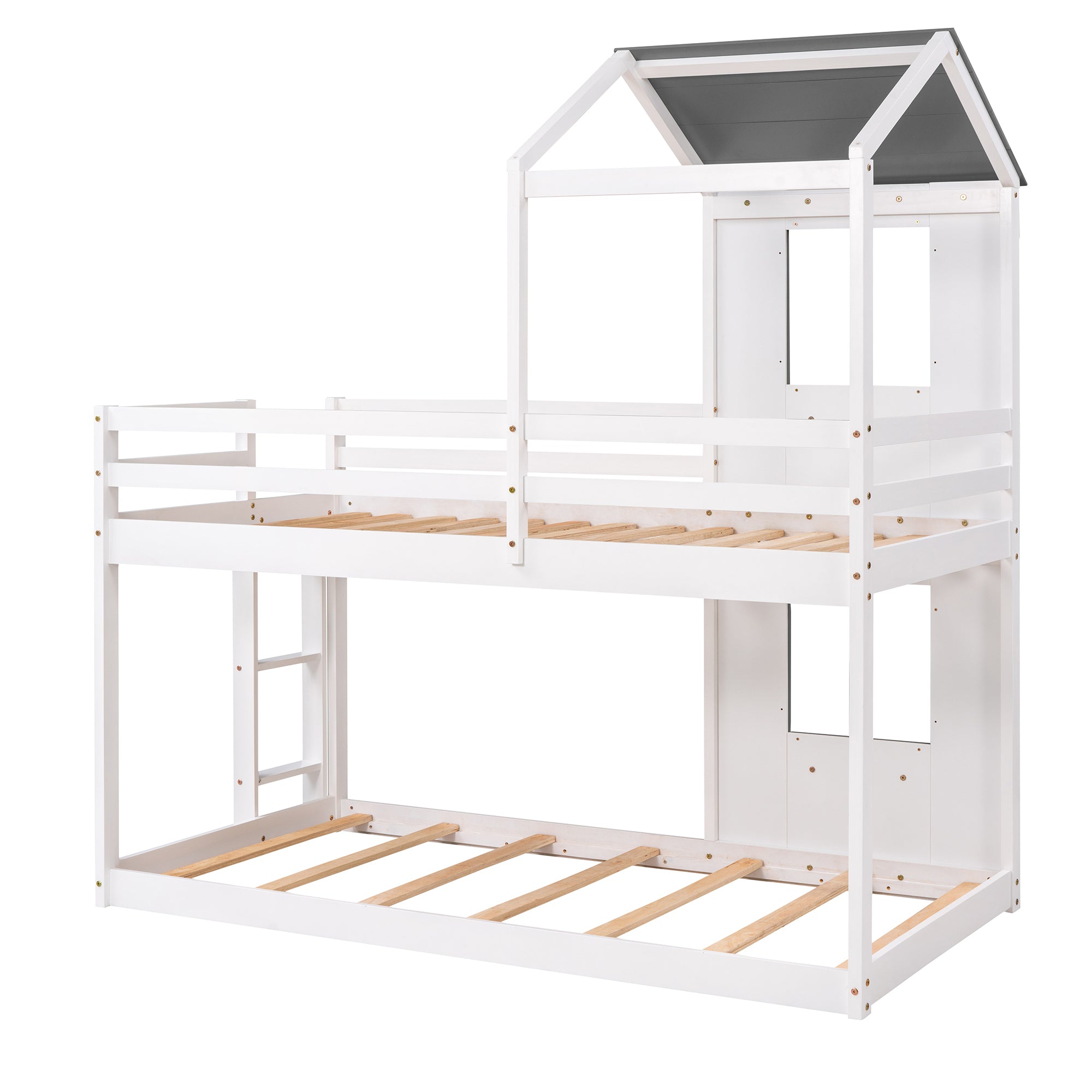 Twin Over Twin Bunk Bed Wood Bed with Roof, Window, Guardrail, Ladder (White)(OLD SKU :LP000056AAK) - Atlantic Fine Furniture Melbourne FL