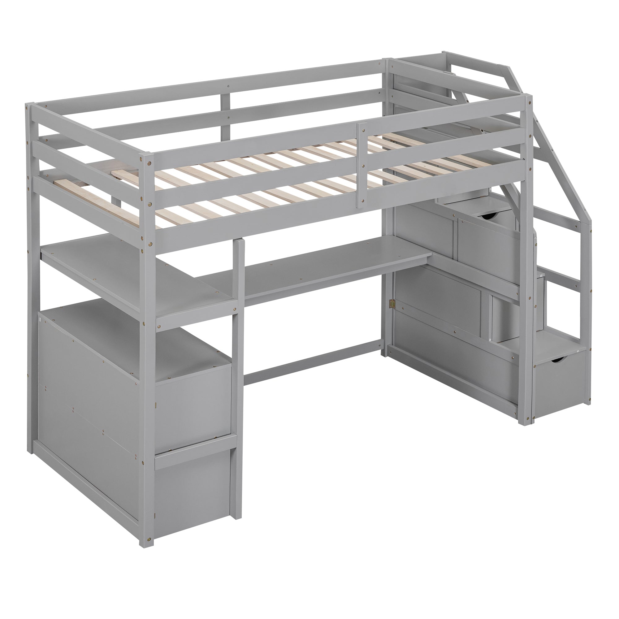 Twin Size Loft Bed with Desk and Shelves, Two Built-in Drawers, Storage Staircase, Gray - Atlantic Fine Furniture Melbourne FL
