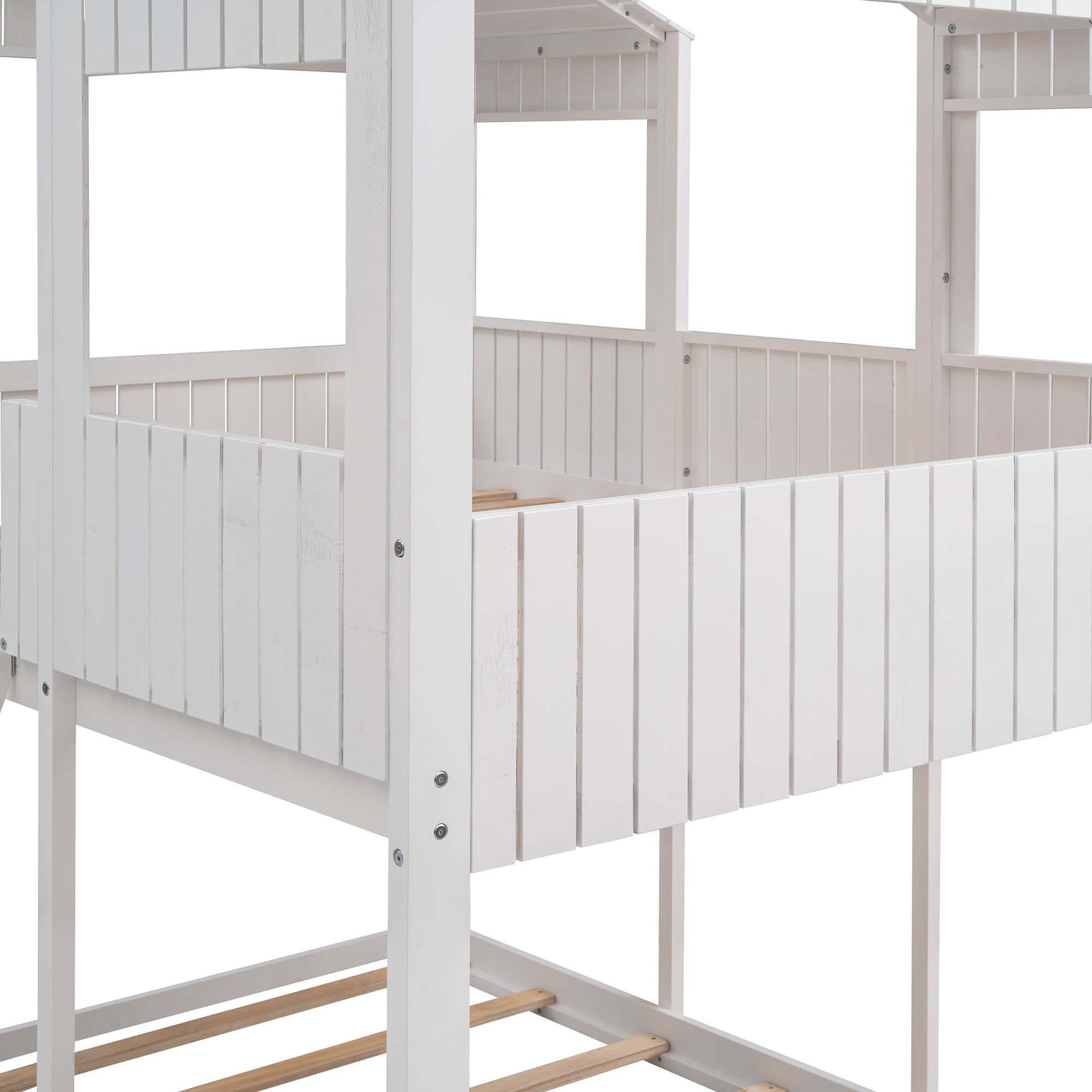 Full Over Full WoodBunk Bed with Roof, Window, Guardrail, Ladder(White)( old sku: LT000031AAK ) - Atlantic Fine Furniture Melbourne FL
