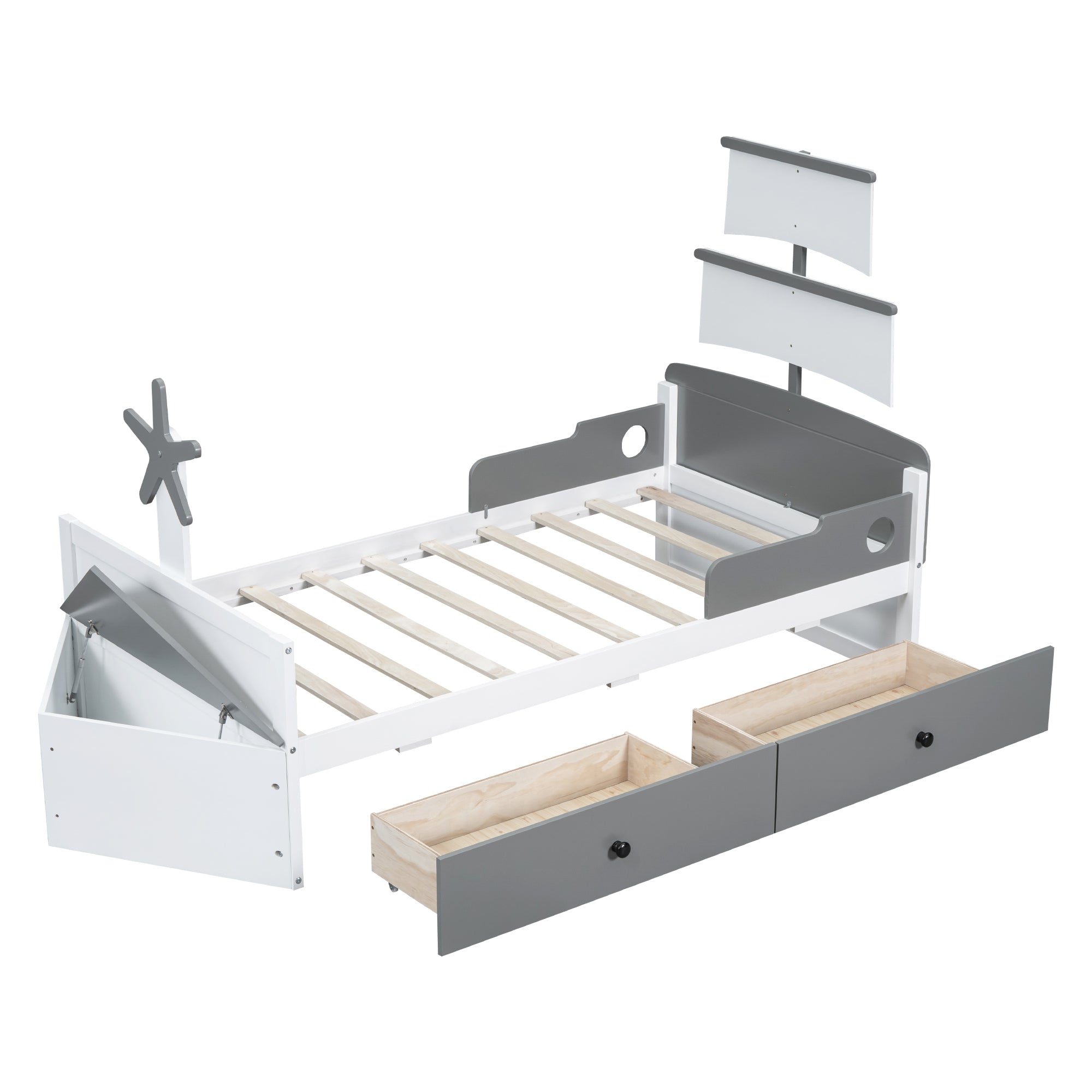Twin Size Boat-Shaped Platform Bed with 2 Drawers,Twin Bed with Storage for Bedroom,Gray - Atlantic Fine Furniture Melbourne FL