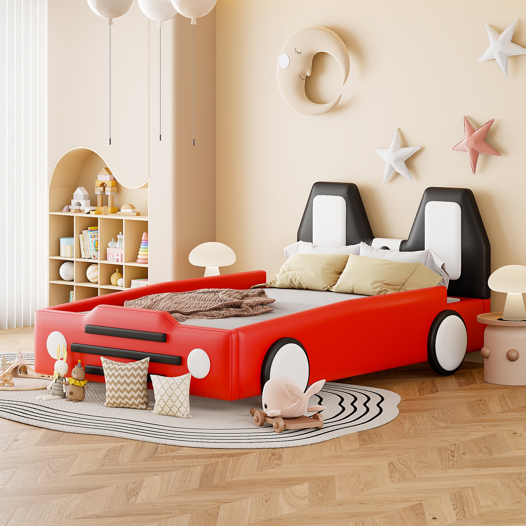 Twin Size Race Car-Shaped Platform Bed with Wheels,Red - Atlantic Fine Furniture Melbourne FL