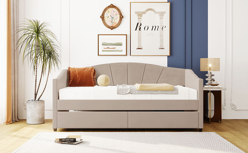 Upholstered daybed Twin Size with Two Drawers and Wood Slat ,Beige - Atlantic Fine Furniture Melbourne FL