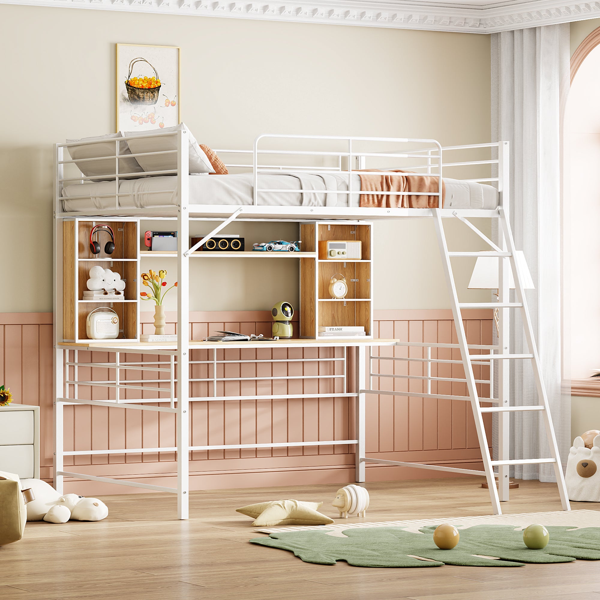Full Size Loft Bed with Desk and Shelf, Loft Bed with Ladder,Full,White - Atlantic Fine Furniture Melbourne FL