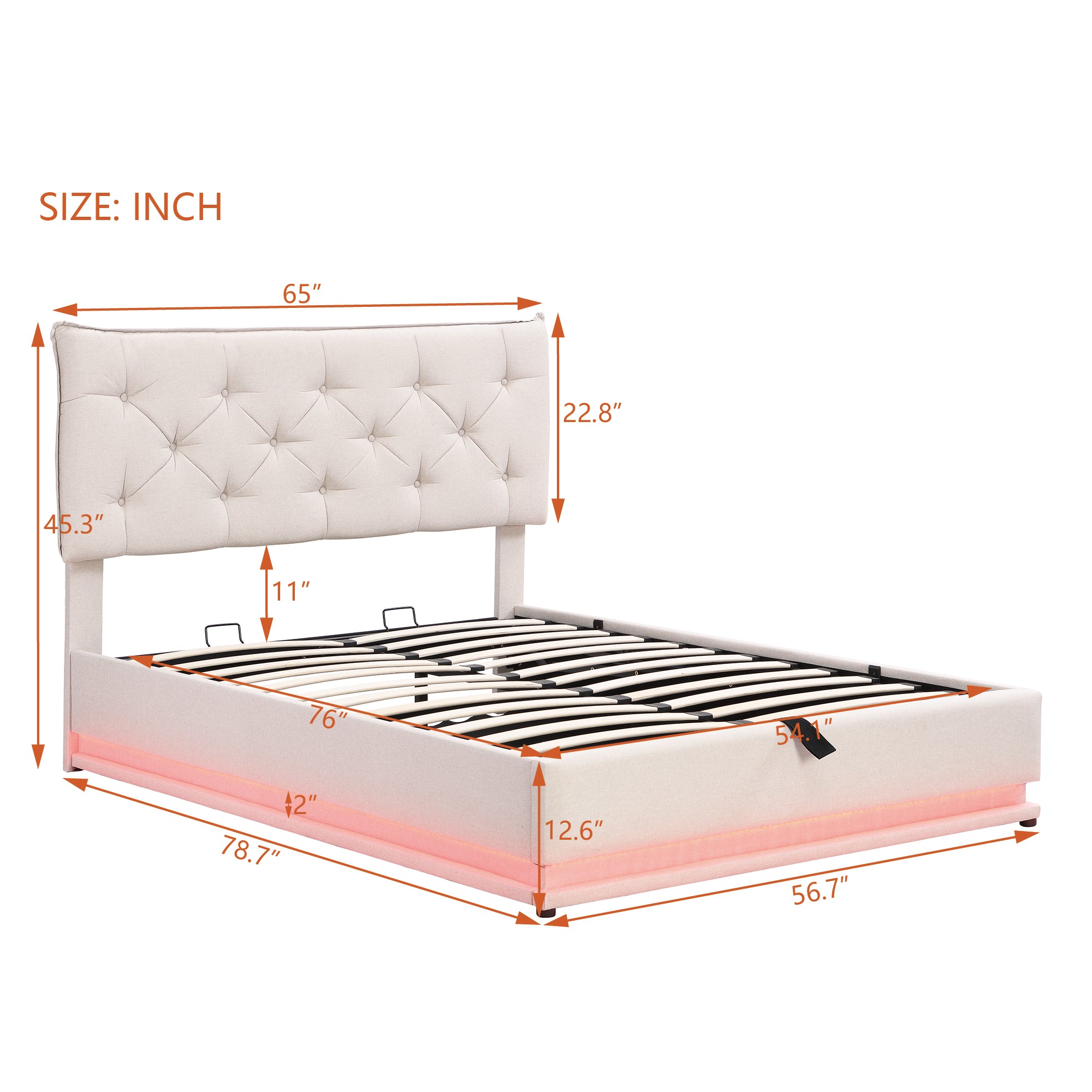 Full Size Upholstered Bed with Hydraulic Storage System and LED Light, Modern Platform Bed with Button-tufted Design Headboard, Beige - Atlantic Fine Furniture Melbourne FL