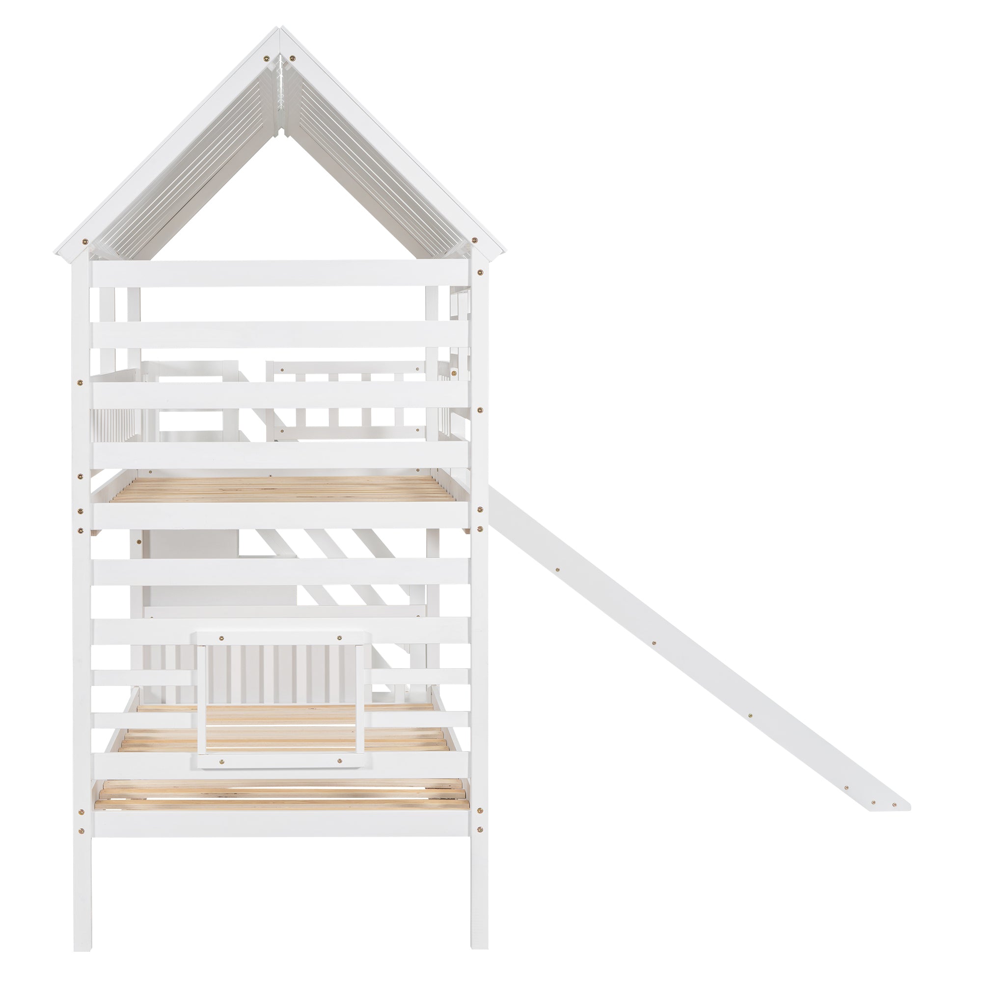 Twin over Twin House Bunk Bed with Trundle and Slide, Storage Staircase, Roof and Window Design, White(Old SKU: GX000931AAK) - Atlantic Fine Furniture Melbourne FL