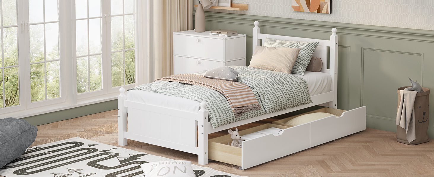 Twin Size Solid Wood Platform Bed Frame with 2 drawers for Limited Space Kids, Teens, Adults, No Need Box Spring, White - Atlantic Fine Furniture Melbourne FL