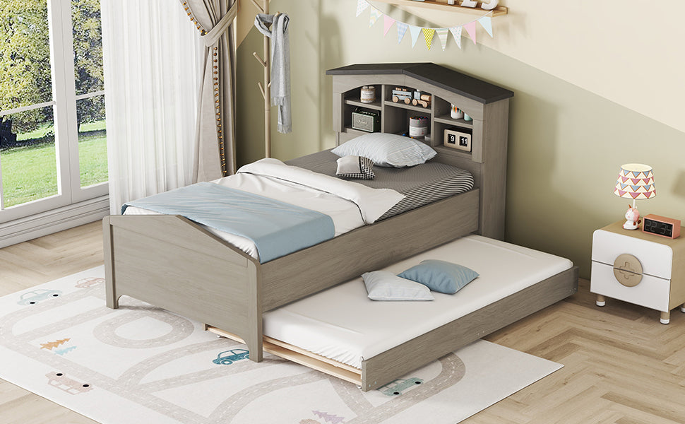 Twin Size Wood Platform Bed with House-shaped Storage Headboard and Trundle, Gray - Atlantic Fine Furniture Melbourne FL