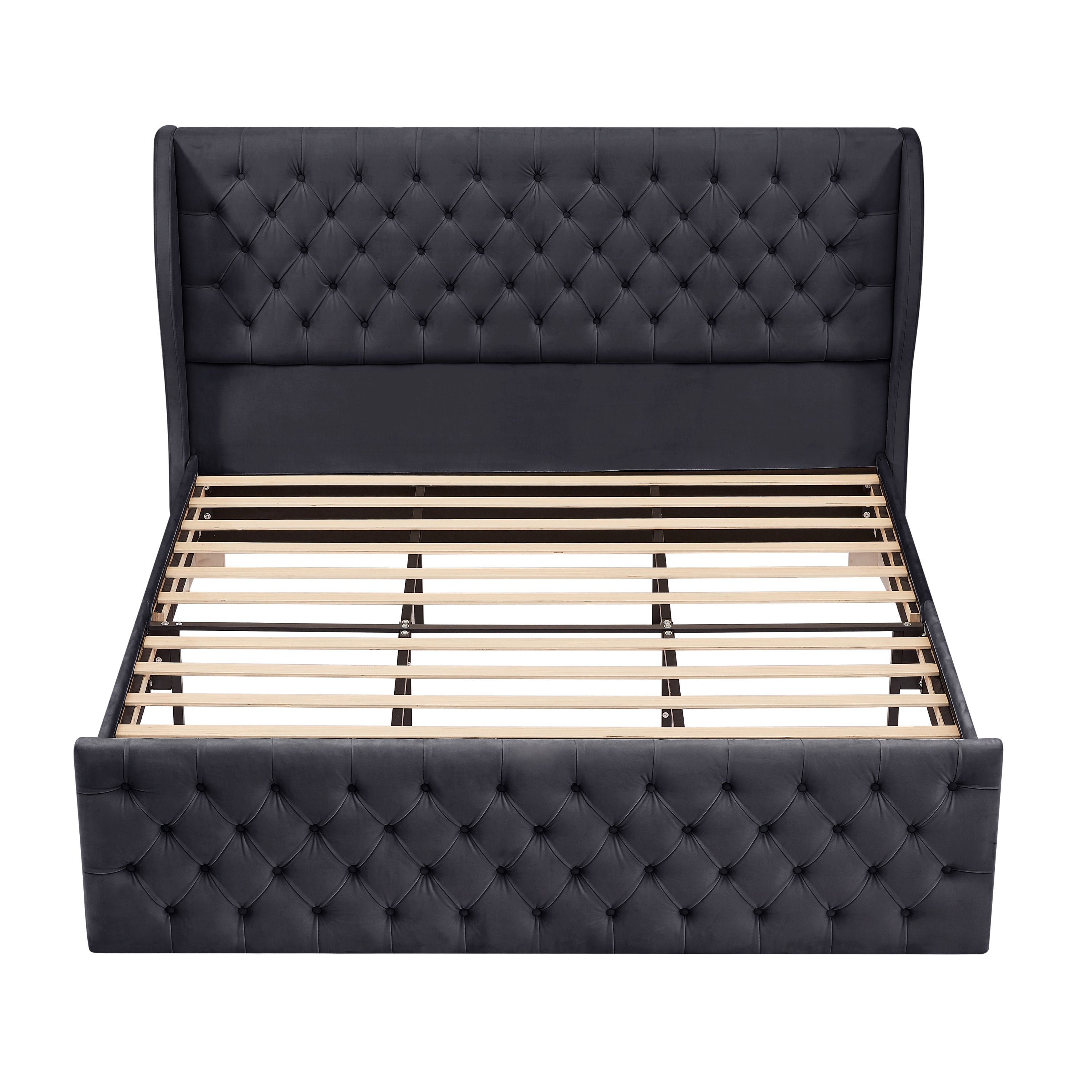 King Size Platform Bed Frame, Velvet Upholstered Sleigh Bed with Scroll Wingback Headboard & Footboard/Button Tufted/No Box Spring Required/Easy Assembly-Black - Atlantic Fine Furniture Melbourne FL
