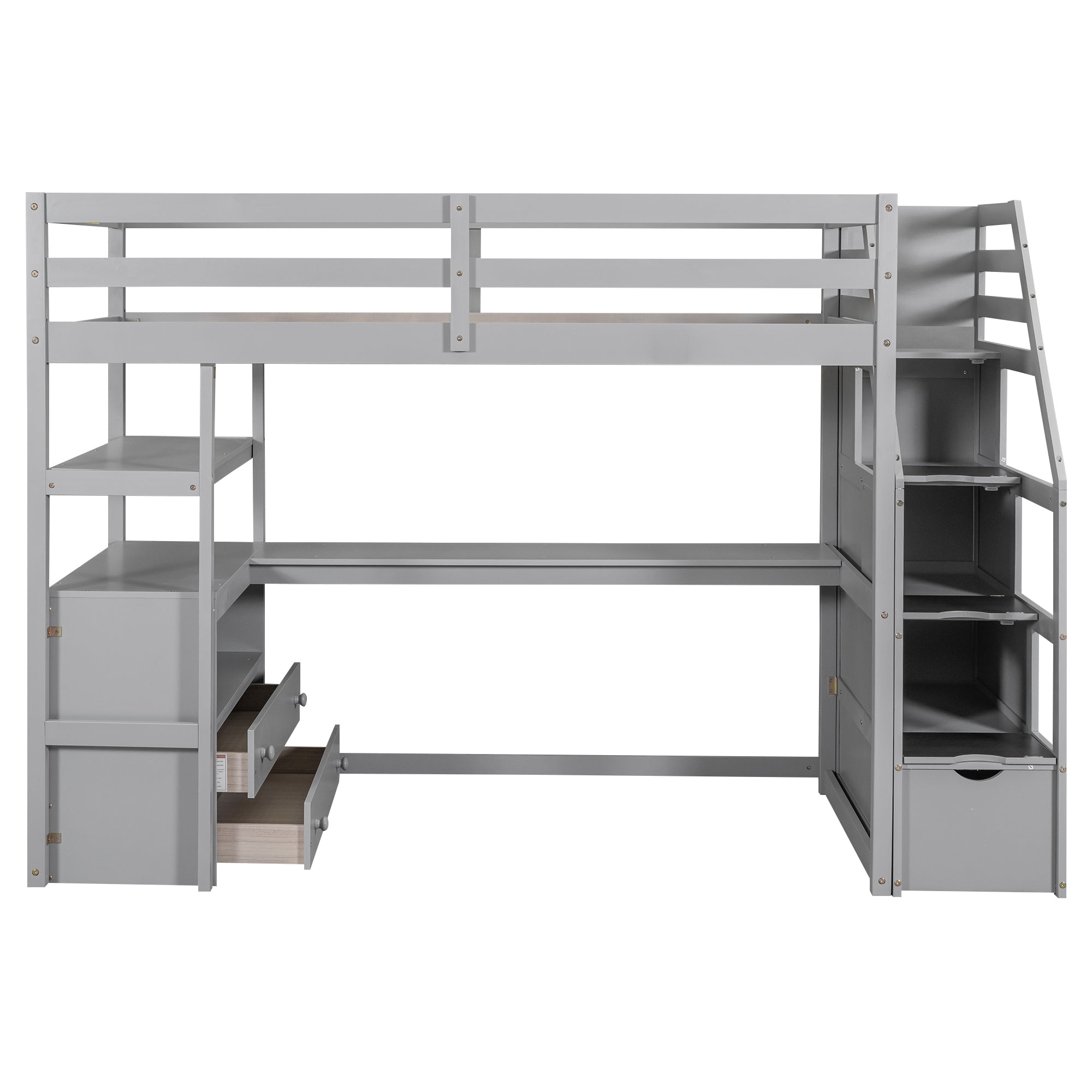 Twin Size Loft Bed with Desk and Shelves, Two Built-in Drawers, Storage Staircase, Gray - Atlantic Fine Furniture Melbourne FL