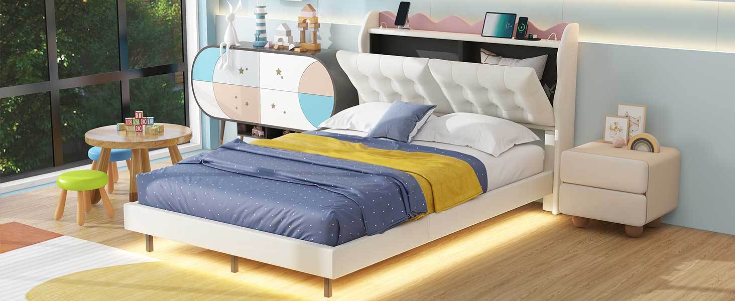 Full Size Upholstery Platform Bed Frame with LED Light Strips,Headboard Storage Space and Two USB Charging Deisgn,Beige