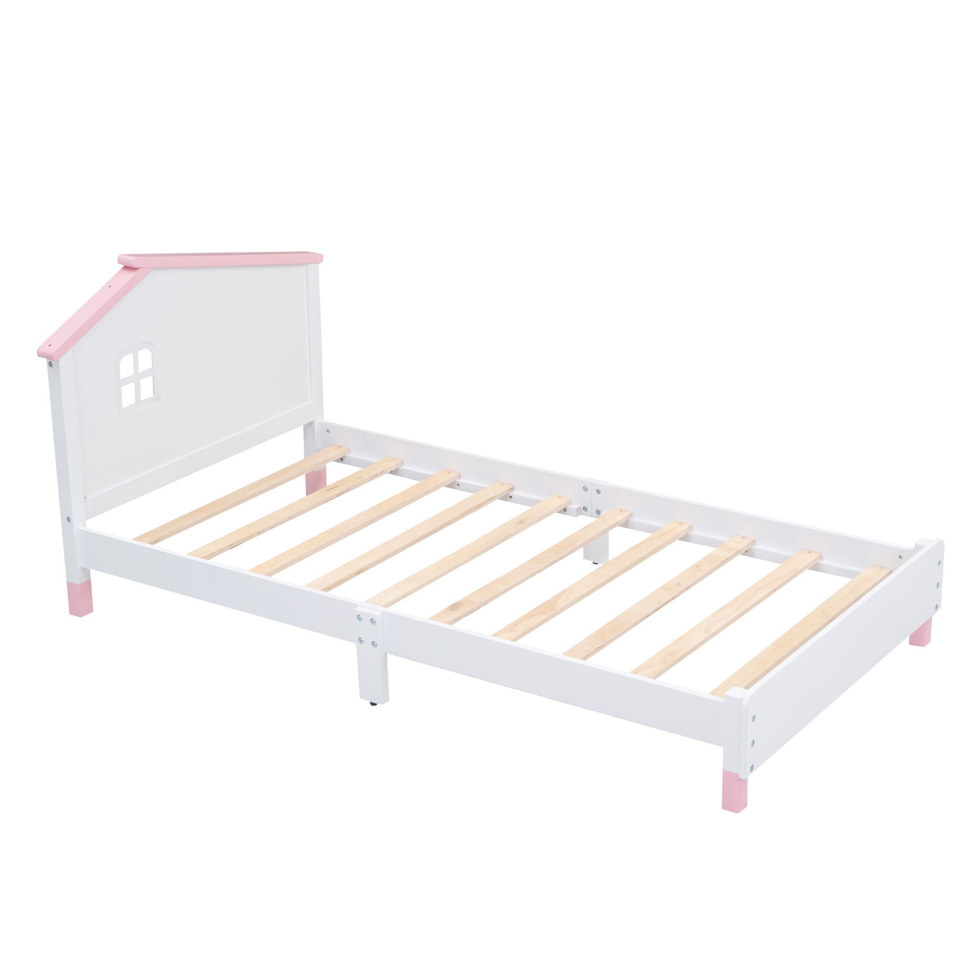 Twin Size Wood Platform Bed with House-shaped Headboard (White+Pink)