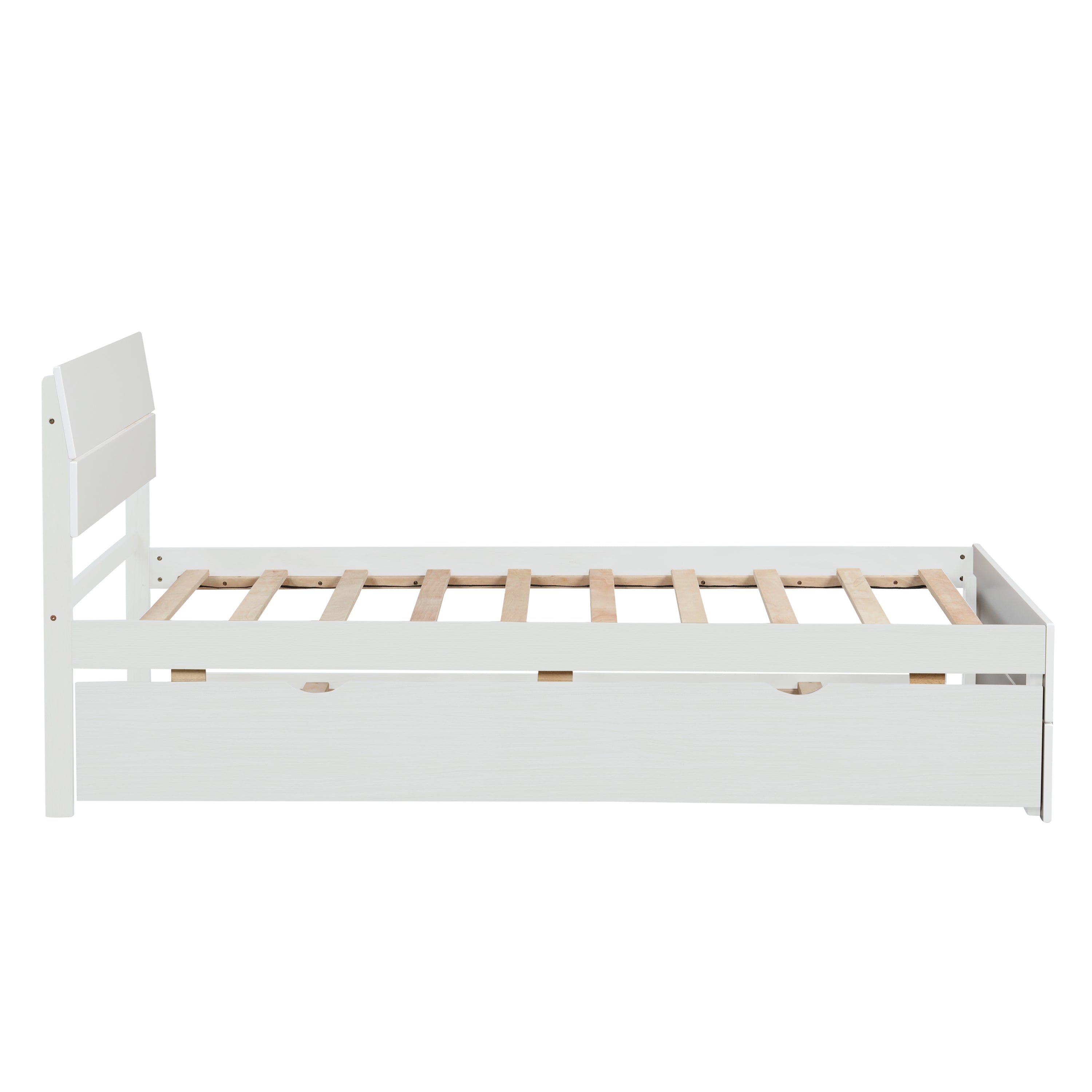 Modern Twin Bed Frame With Twin Trundle For White High Gloss Headboard and Footboard With Washed White Color