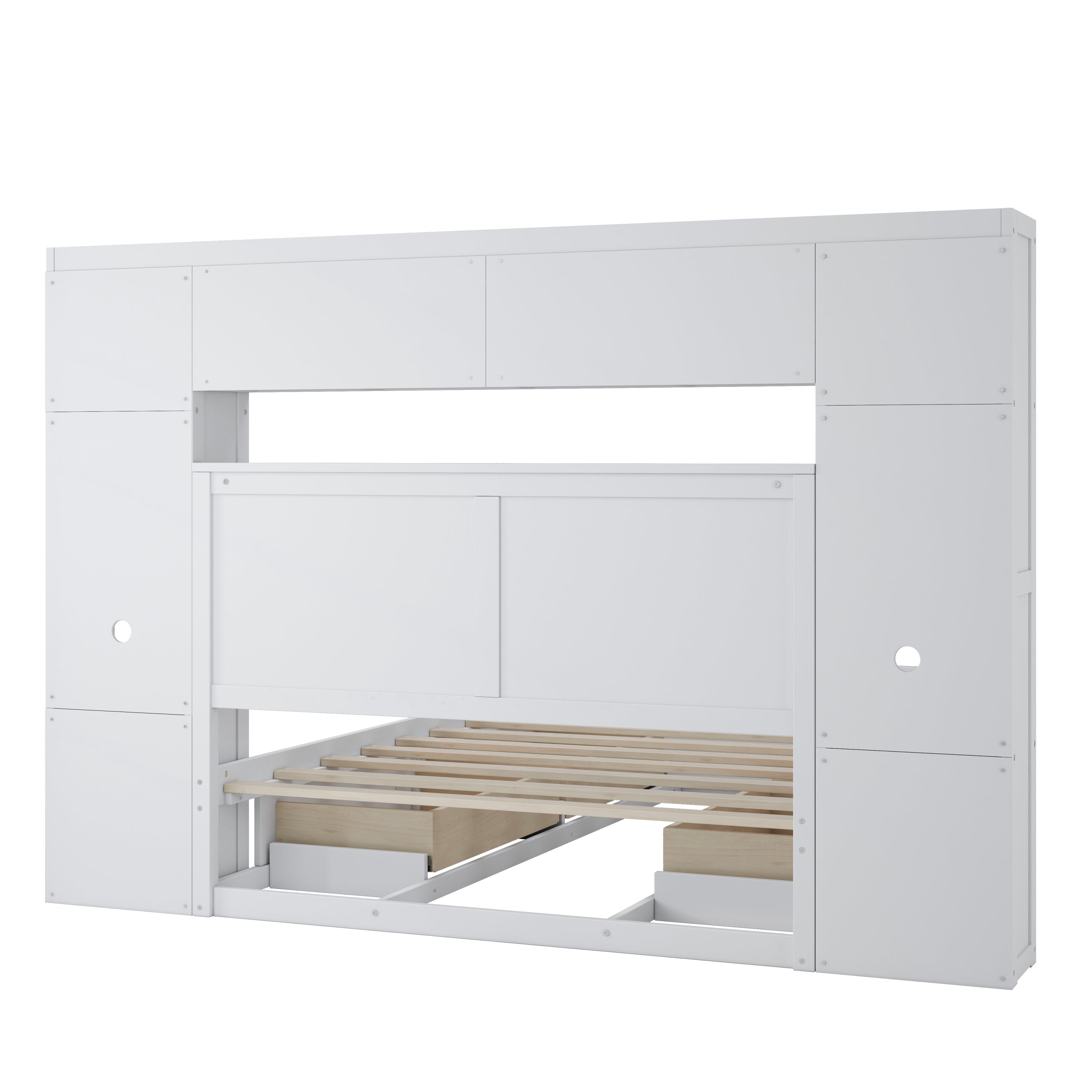 Elegant and Functional Full Size Wood Bed with 4 Drawers and All-in-One Cabinet and Shelf, White