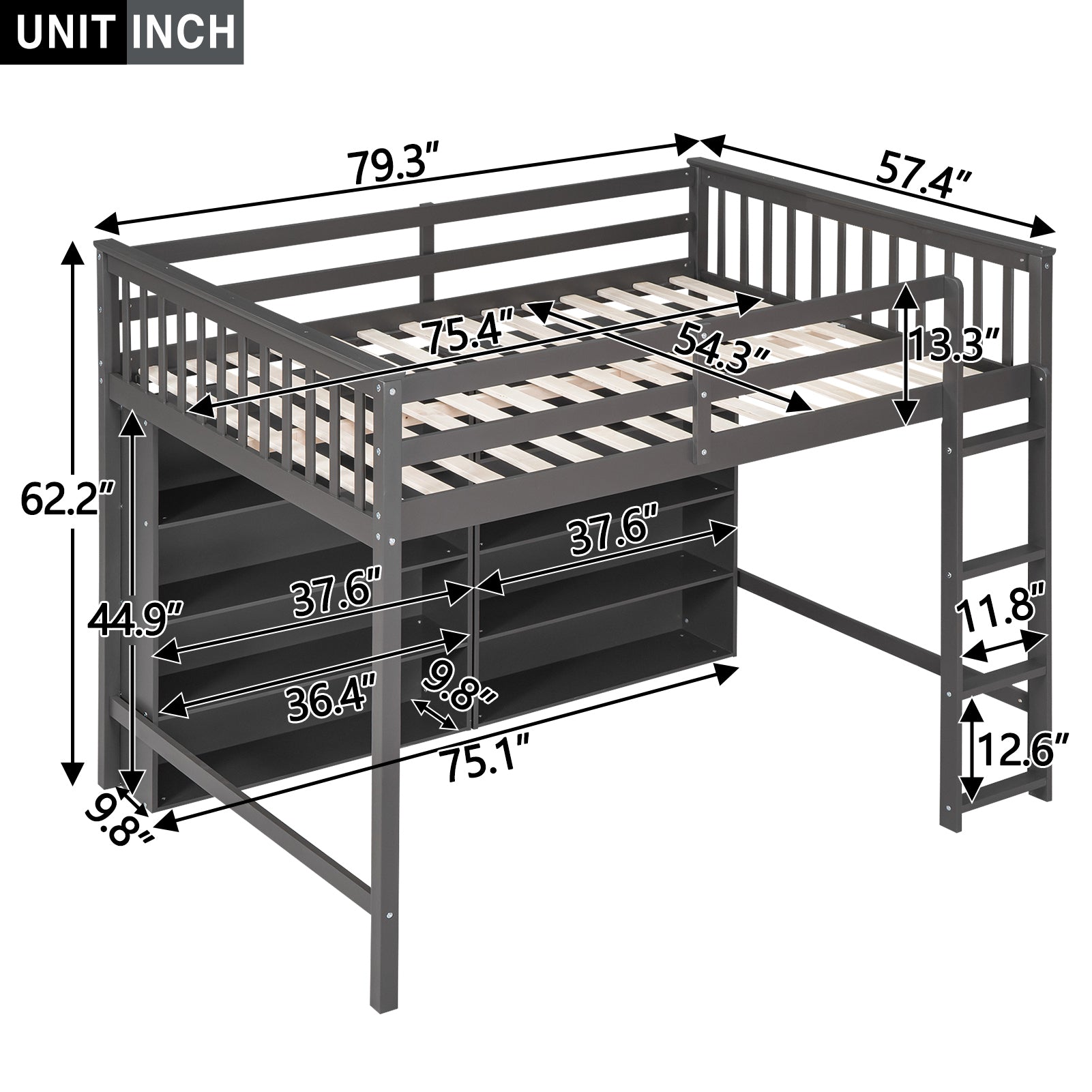Full Size Loft Bed with 8 Open Storage Shelves and Built-in Ladder, Gray - Atlantic Fine Furniture Melbourne FL