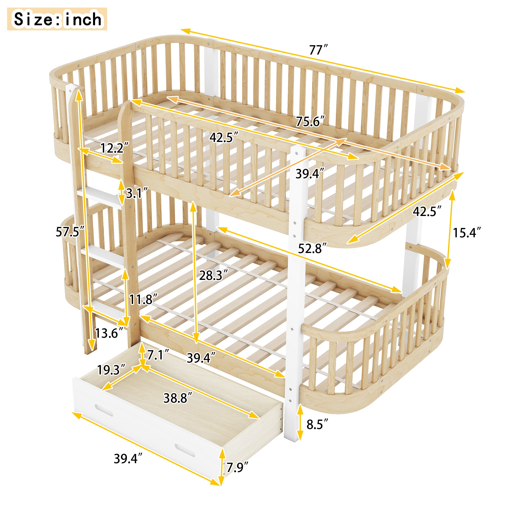 Wood Twin over Twin Bunk Bed with Fence Guardrail and a Big Drawer, Natural White - Atlantic Fine Furniture Melbourne FL