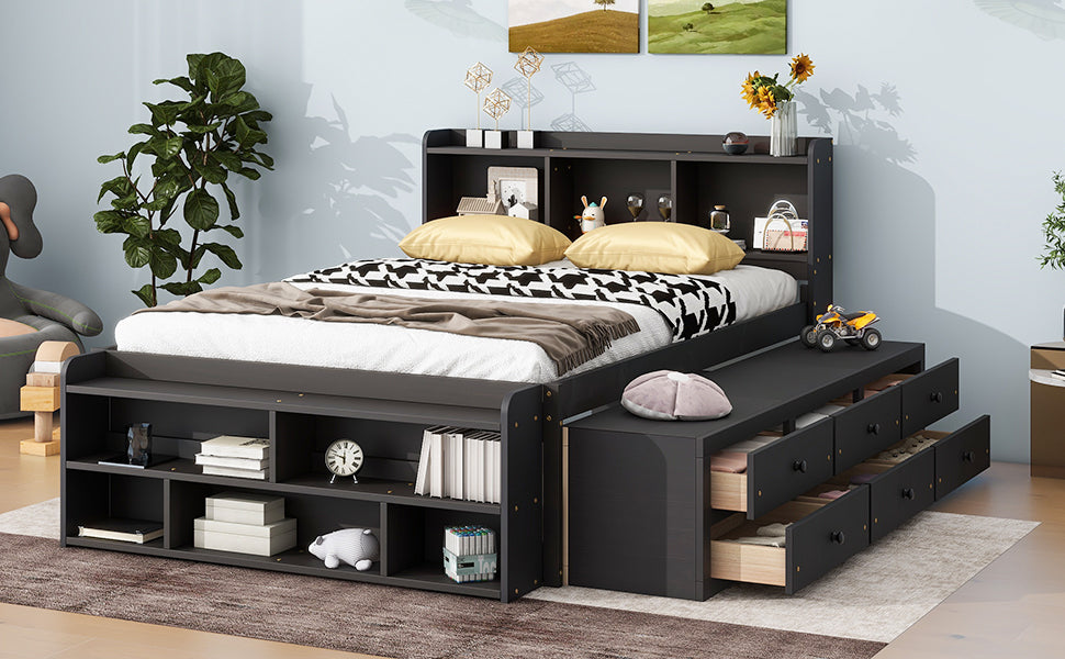 Full Bed with Bookcase Headboard, Under bed Storage Drawers and Bed End Storage Case,Espresso