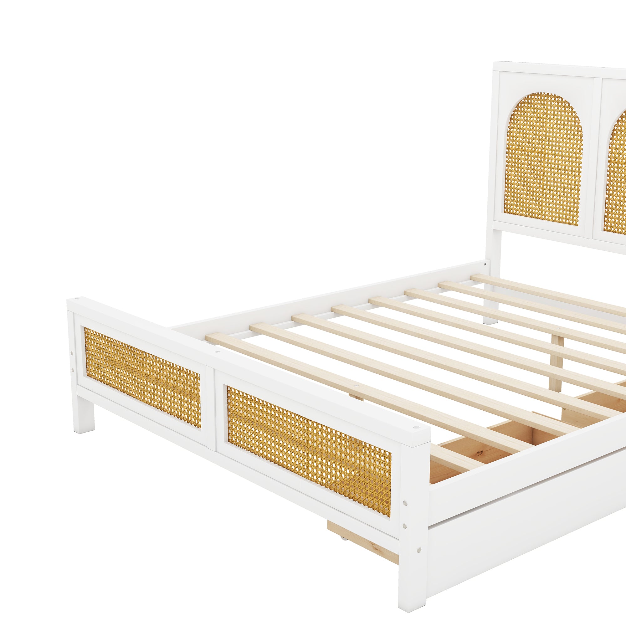 Full Size Wood Storage Platform Bed with 2 Drawers, Rattan Headboard and Footboard, White - Atlantic Fine Furniture Melbourne FL