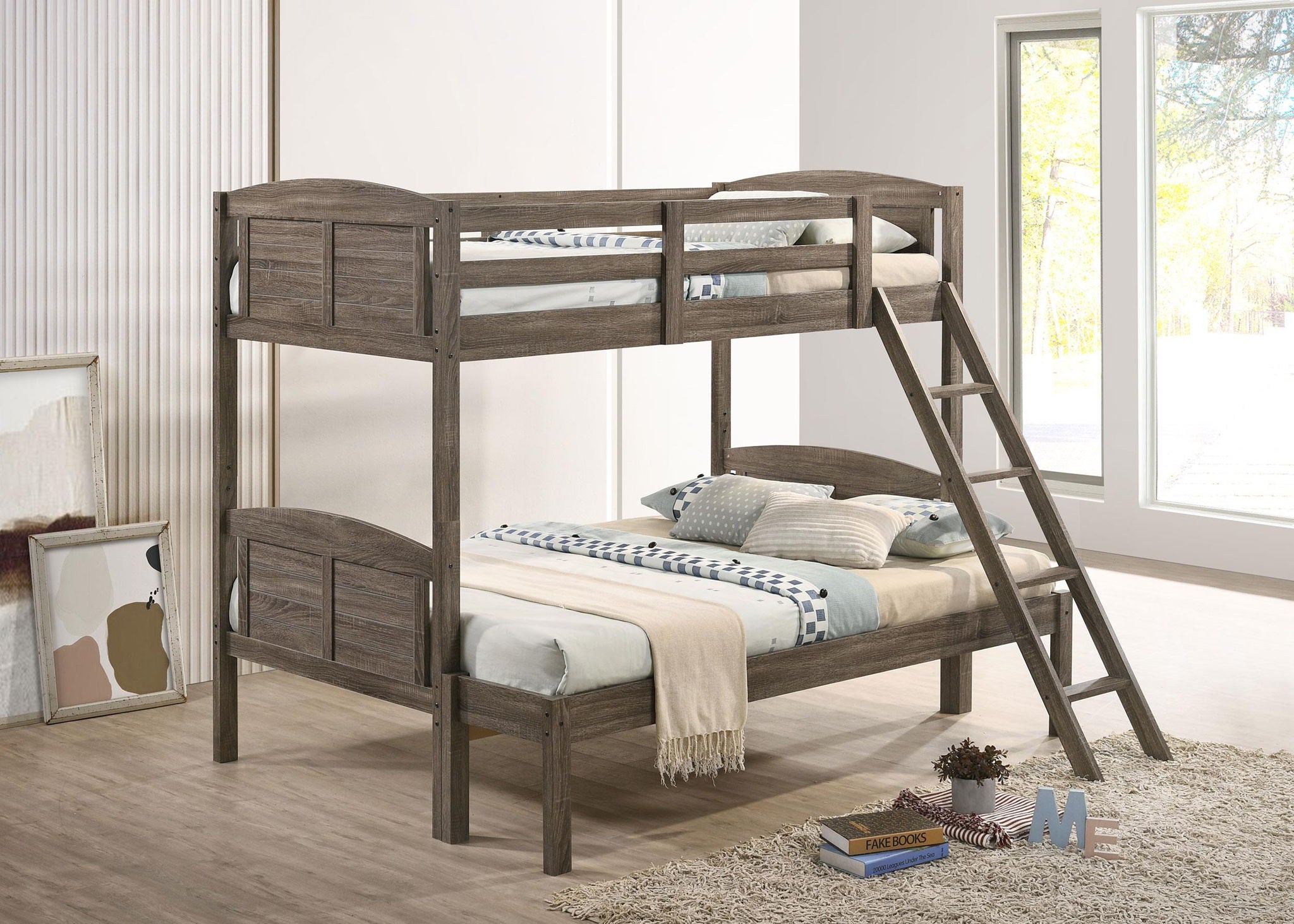 Flynn Wood Twin Over Full Bunk Bed with Mattress Weathered Brown