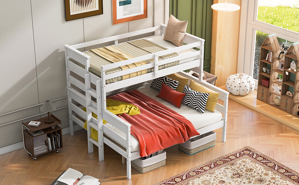 Wood Twin XL over Queen Bunk Bed with Ladder, White - Atlantic Fine Furniture Melbourne FL