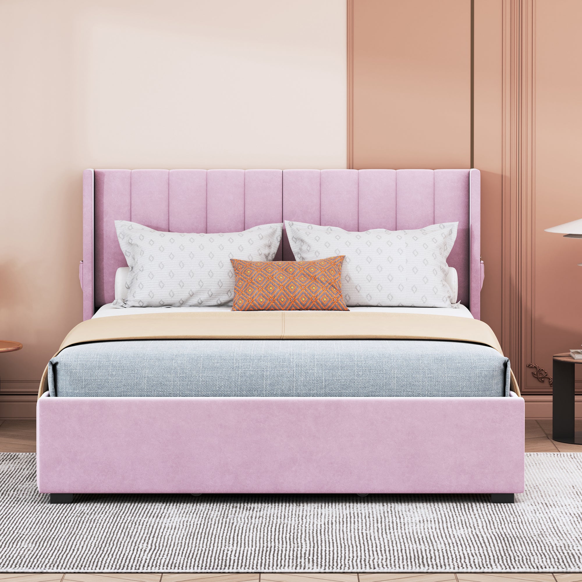 Queen Size Upholstered Bed with 4 Drawers, Pink - Atlantic Fine Furniture Melbourne FL