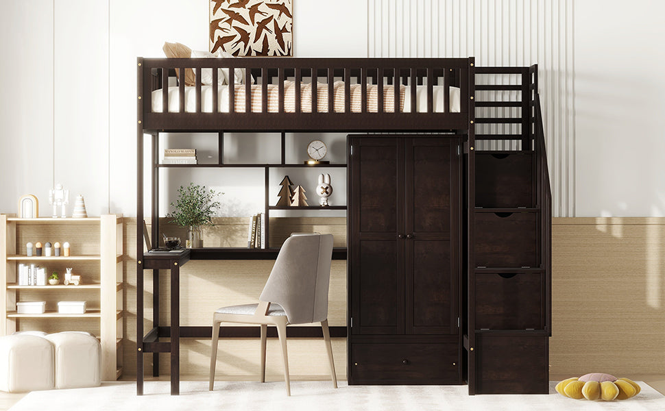 Twin size Loft Bed with Bookshelf,Drawers,Desk,and Wardrobe-Espresso - Atlantic Fine Furniture Melbourne FL