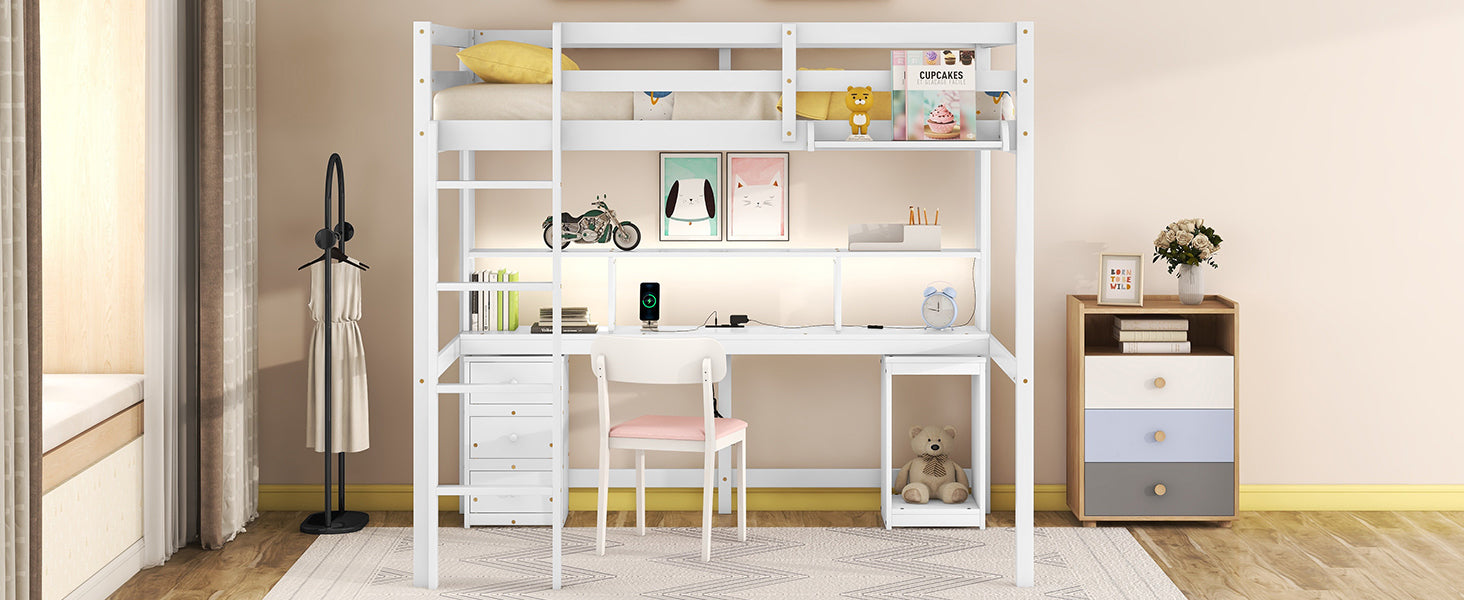 Full Size Loft Bed with Multi-storage Desk, LED light and Bedside Tray, Charging Station, White - Atlantic Fine Furniture Melbourne FL