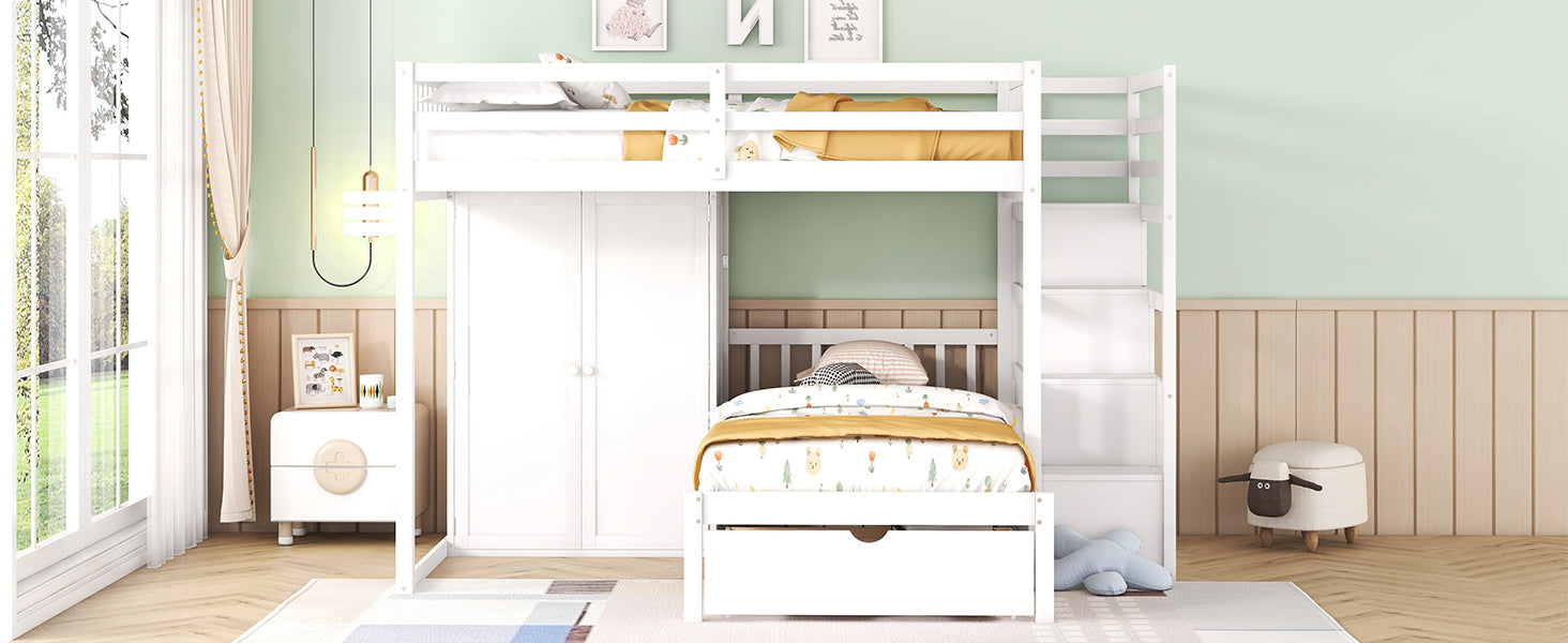 Full Over Twin Bunk Bed with Wardrobe, Drawers, White - Atlantic Fine Furniture Melbourne FL