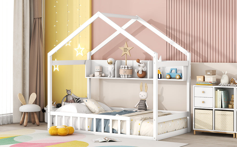 Wooden Twin Size House Bed with Storage Shelf,Kids Bed with Fence and Roof, White - Atlantic Fine Furniture Melbourne FL