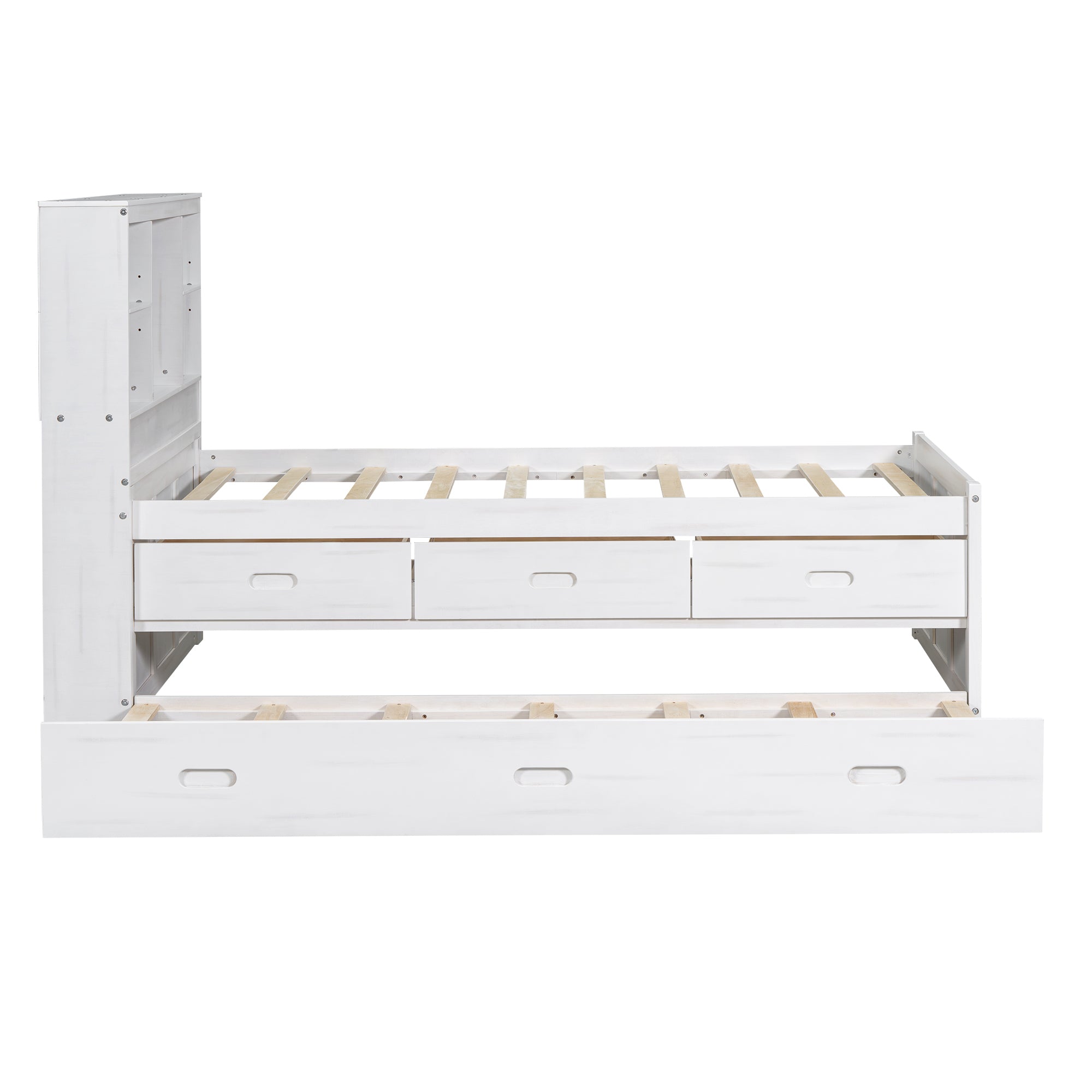 Twin Size Platform Bed with Storage Headboard, Charging Station, Twin Size Trundle and 3 Drawers, Antique White - Atlantic Fine Furniture Melbourne FL